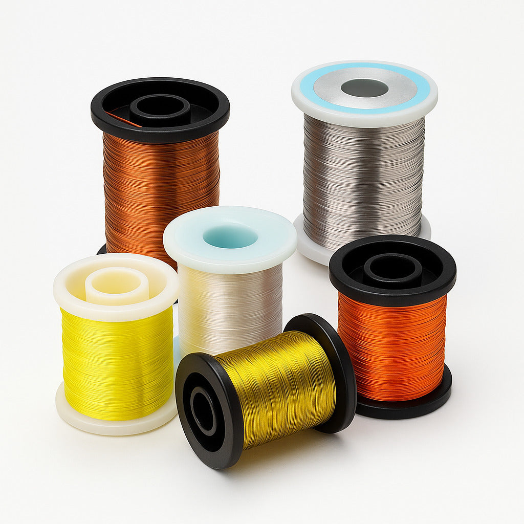 Viazacie nite a drôtiky na viazanie mušiek – flossy, yarny, tinsel a drôtiky.