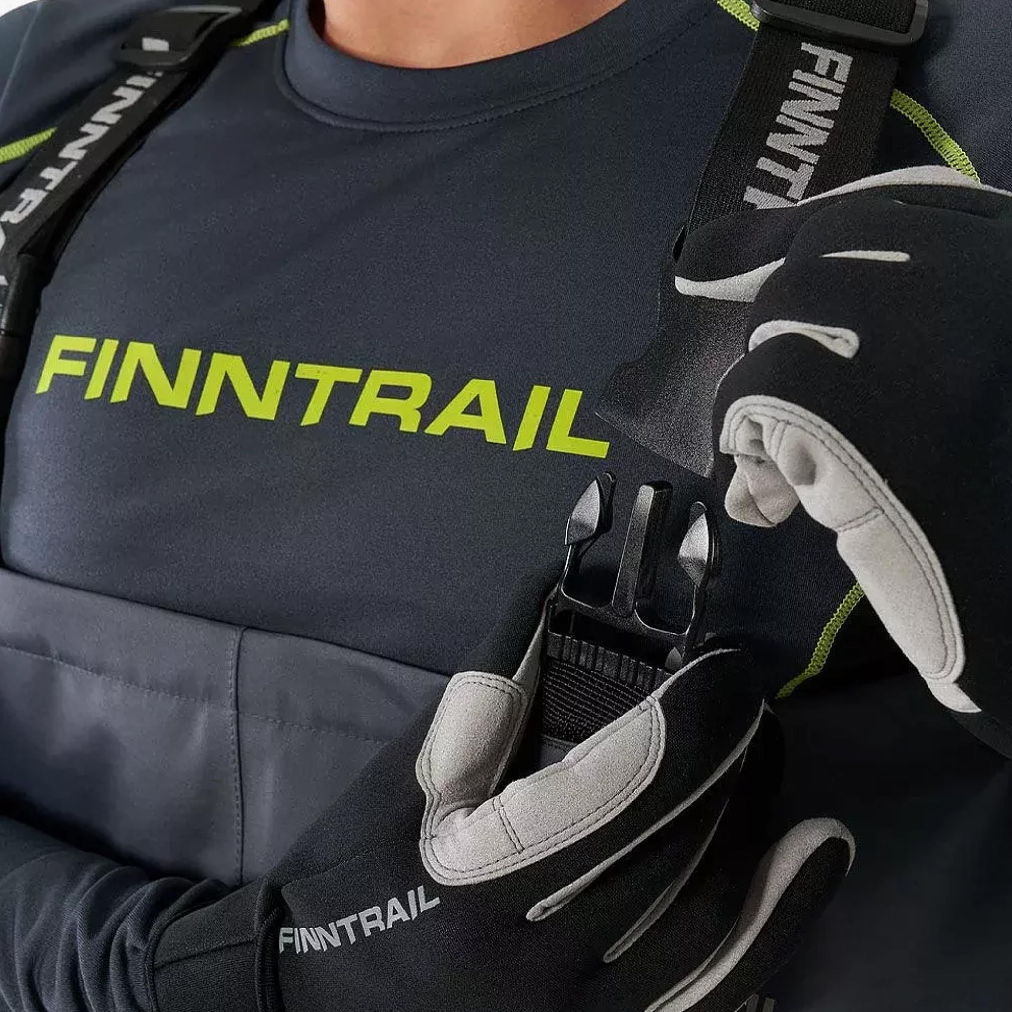 Chest buckle and harness detail on Finntrail TIMBER 1538 waders