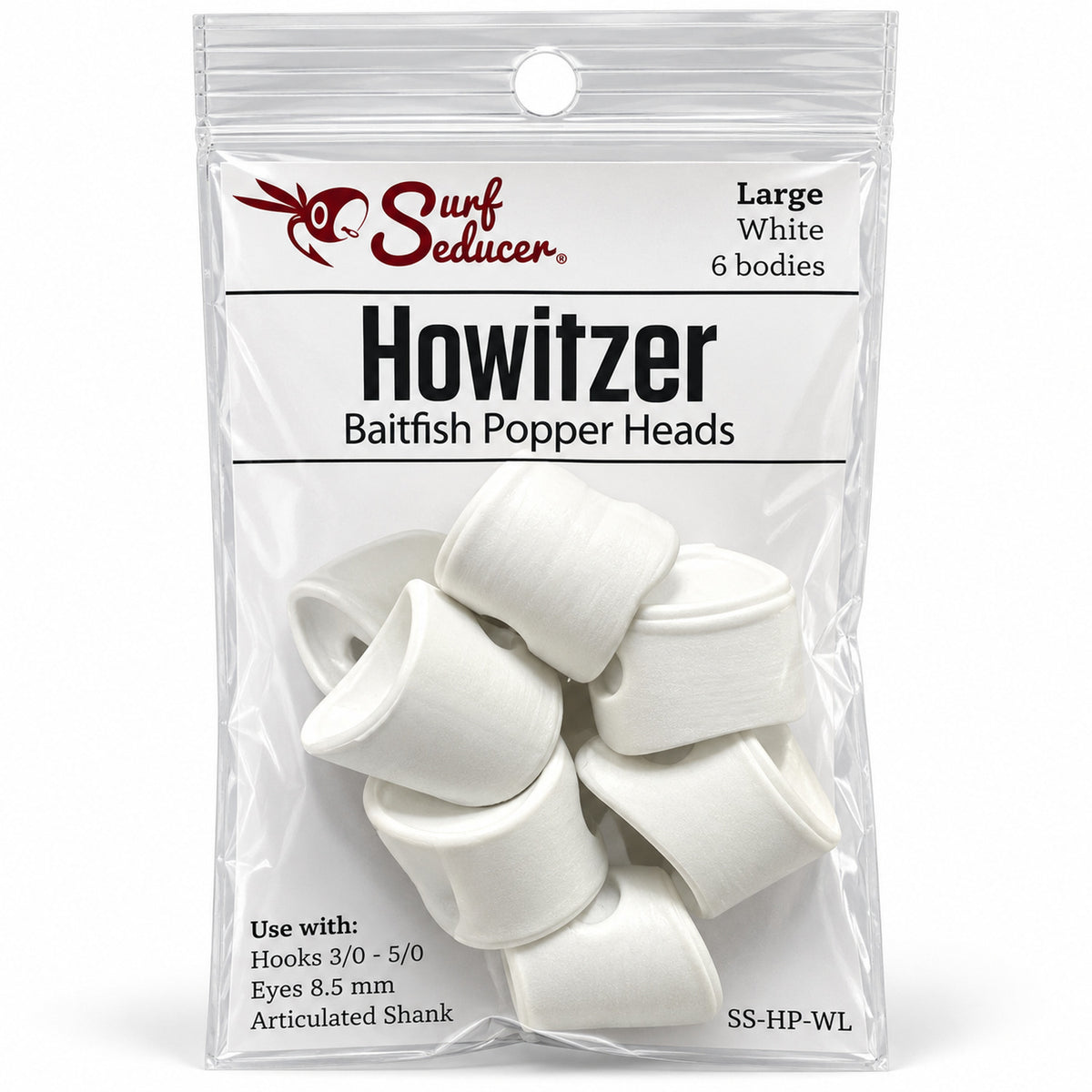 Flymen Surface Seducer Howitzer baitfish popper heads White Large six-piece retail package