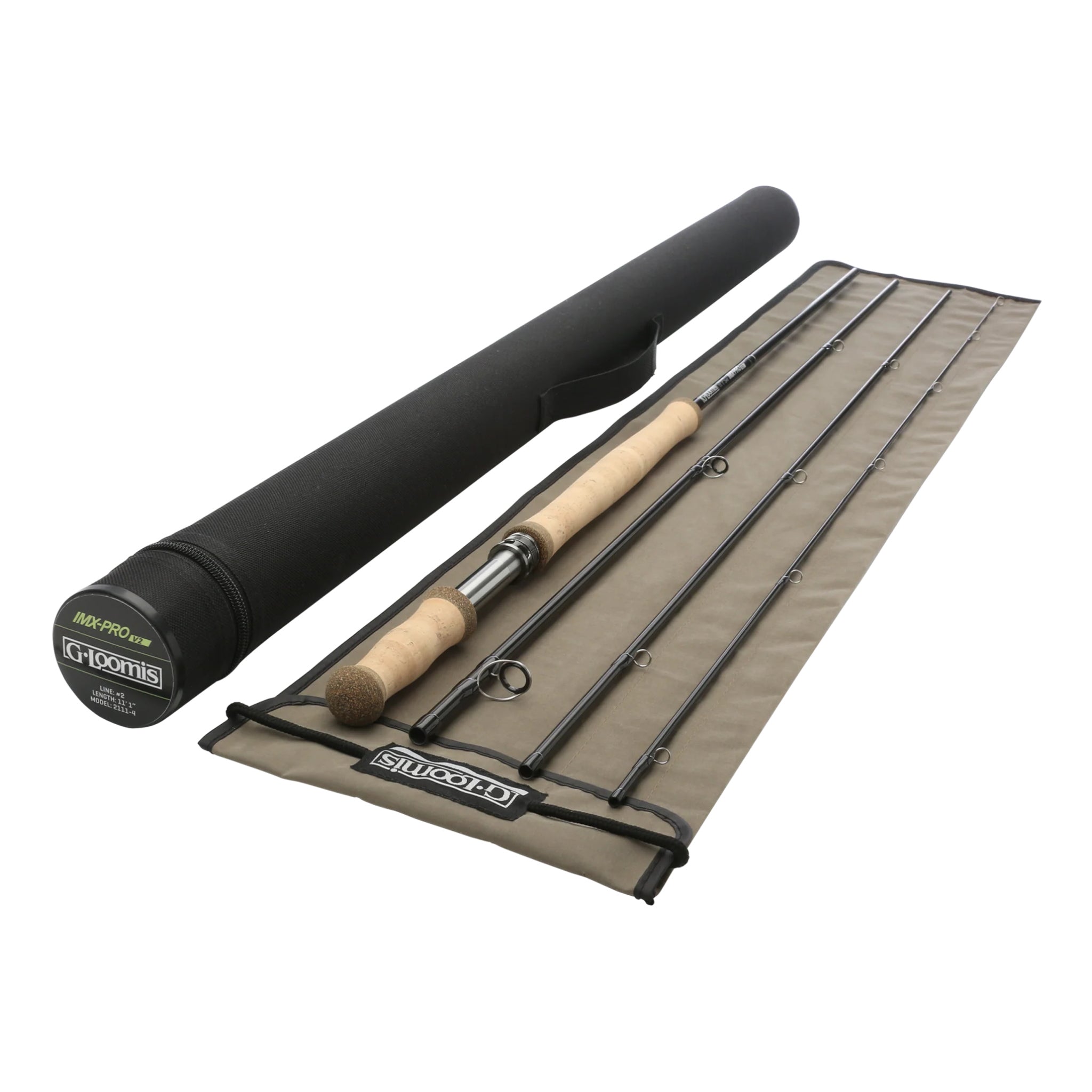 Celkový pohľad na obojručný muškársky prút G.Loomis IMX-PRO V2 ShortSpey 4111-4 s tubusom, látkovým puzdrom a všetkými dielmi