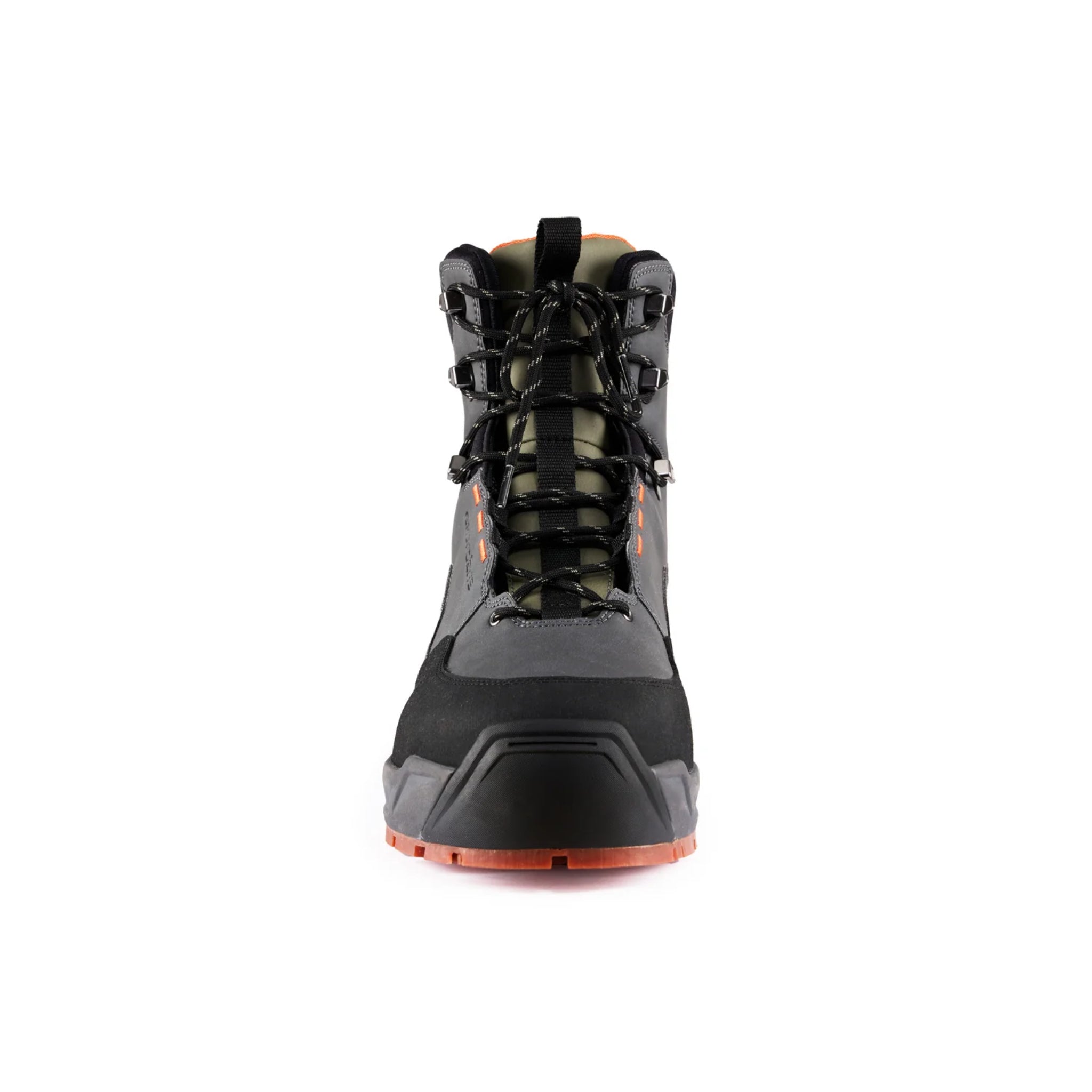 Front view of dark grey Grundens Boundary wading boots with rubber sole.
