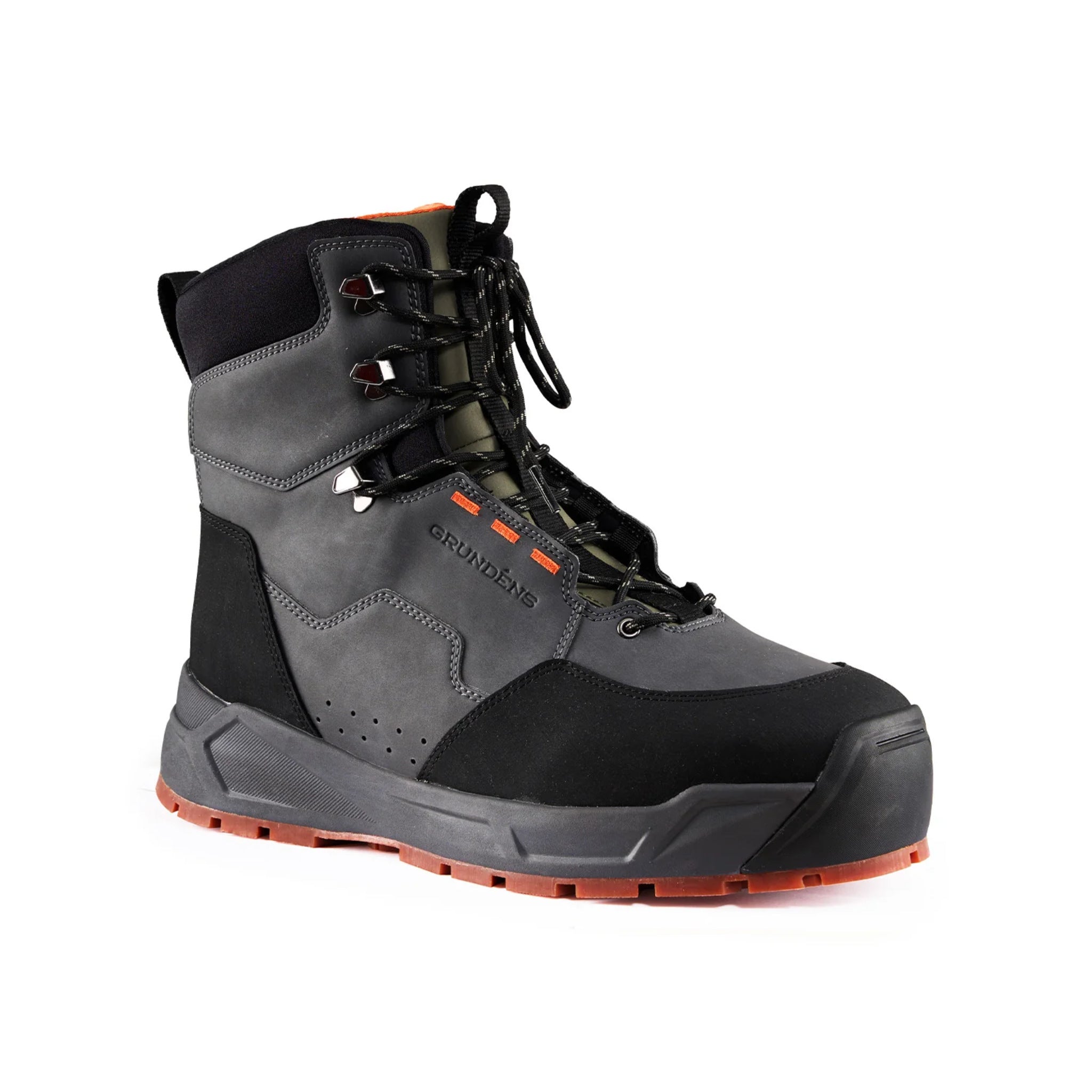 Side view of dark grey Grundens Boundary wading boots with rubber sole.
