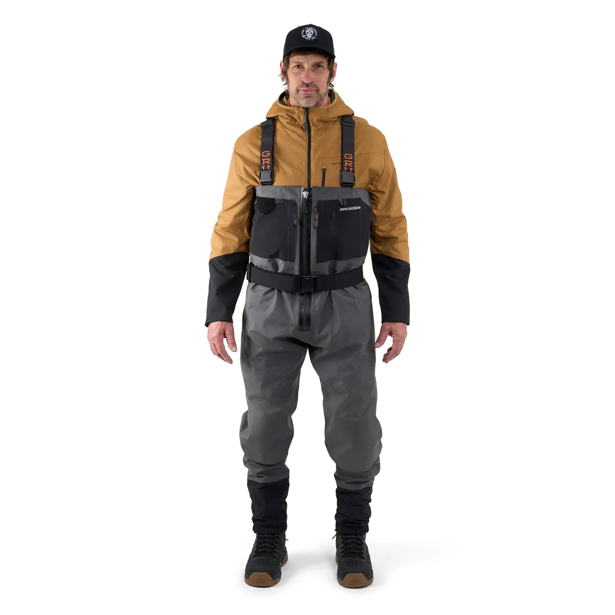 Front view of Grundéns Men's Vector Zip Wader with waterproof zipper