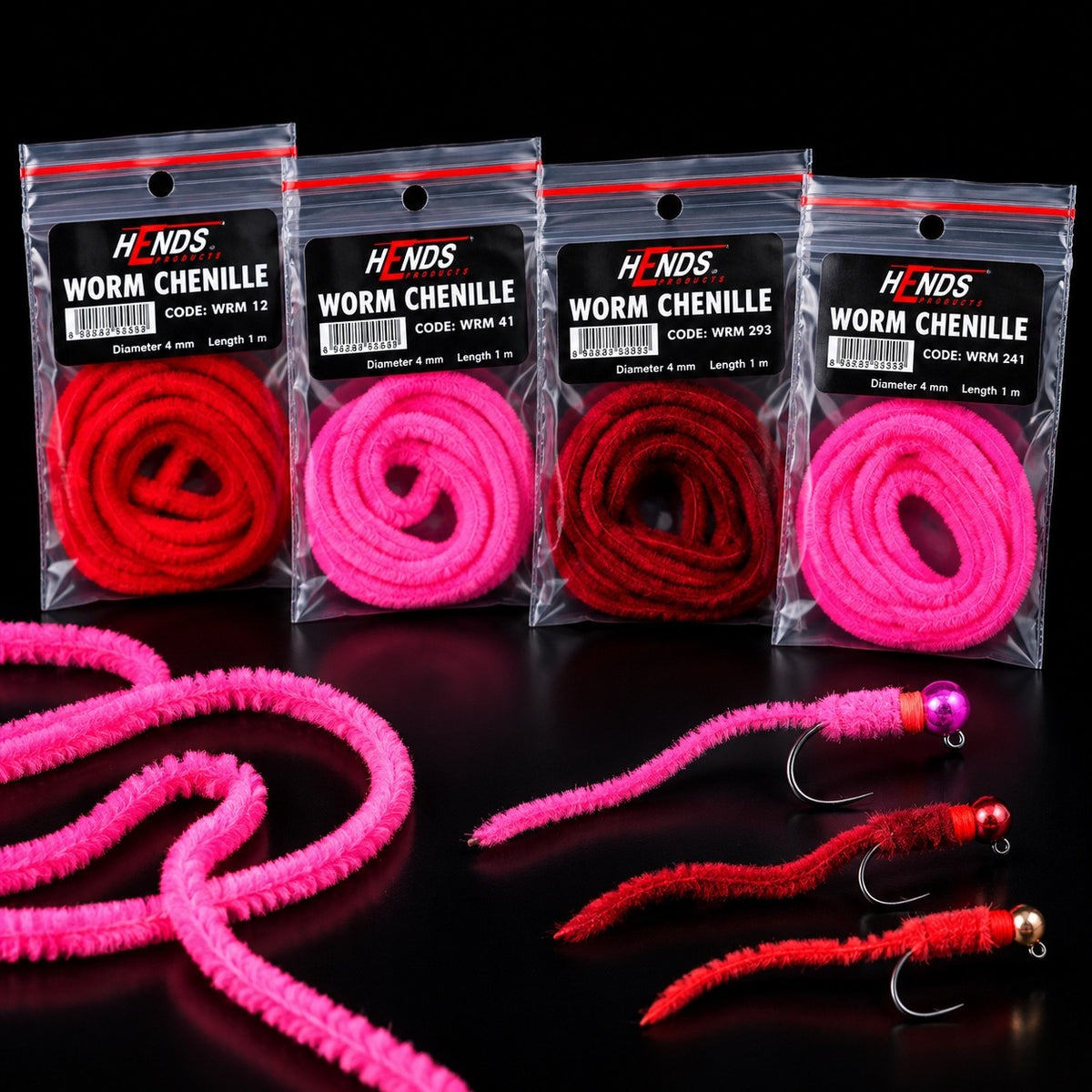 HENDS Worm Chenille 4 mm – farby a mušky z chenille