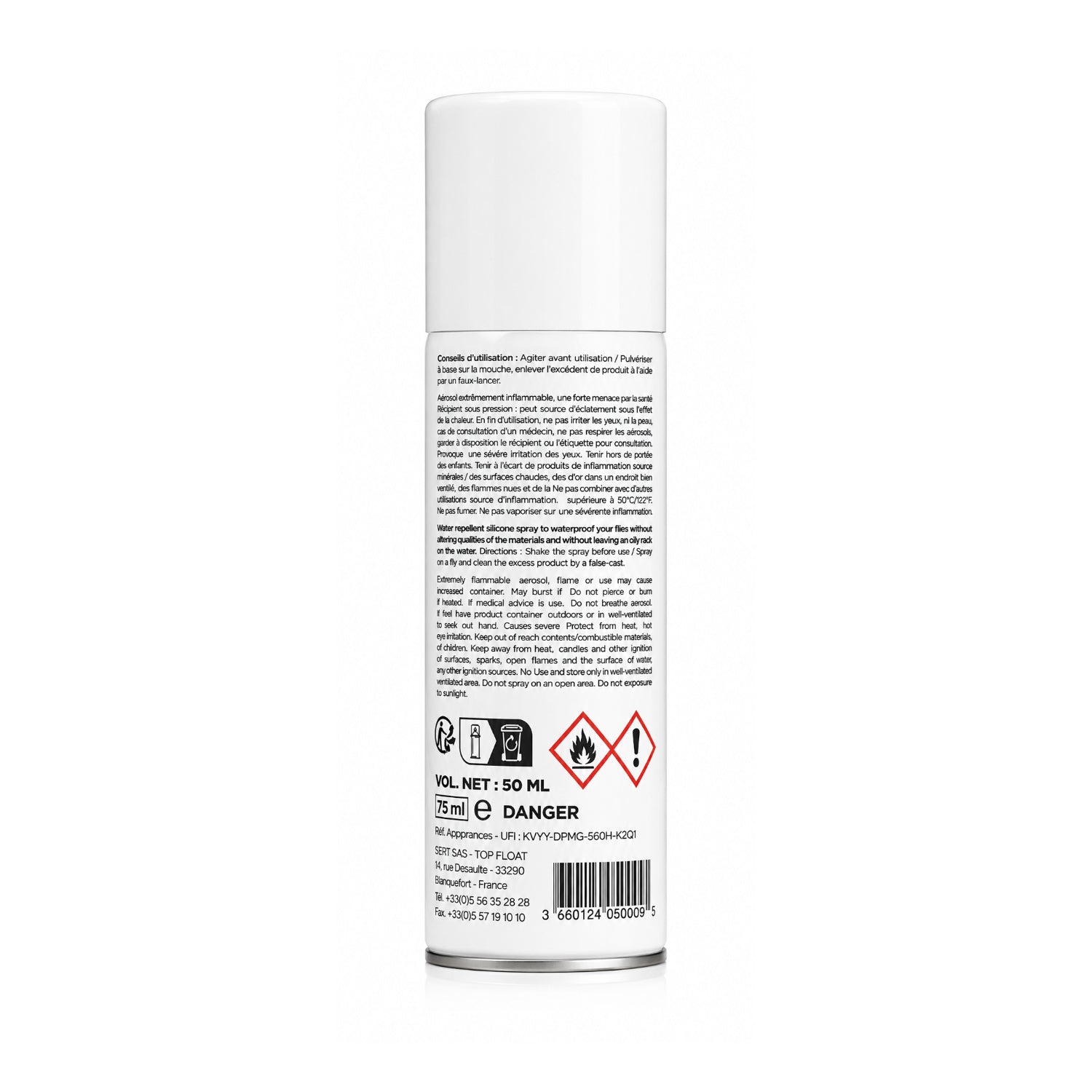 JMC Top Float dry fly floatant spray – back label with instructions and safety information
