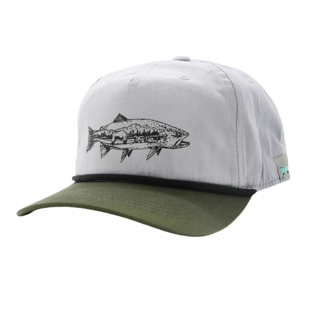 RepYourWater Grizzly Trout Unstructured 5 Panel Hat in gray and green
