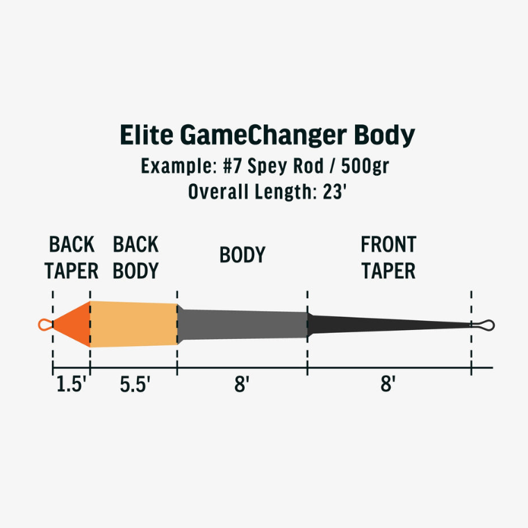 Profil vystreľovacej spey hlavy RIO Elite GameChanger Body – rozloženie taperov, body a celková dĺžka hlavy