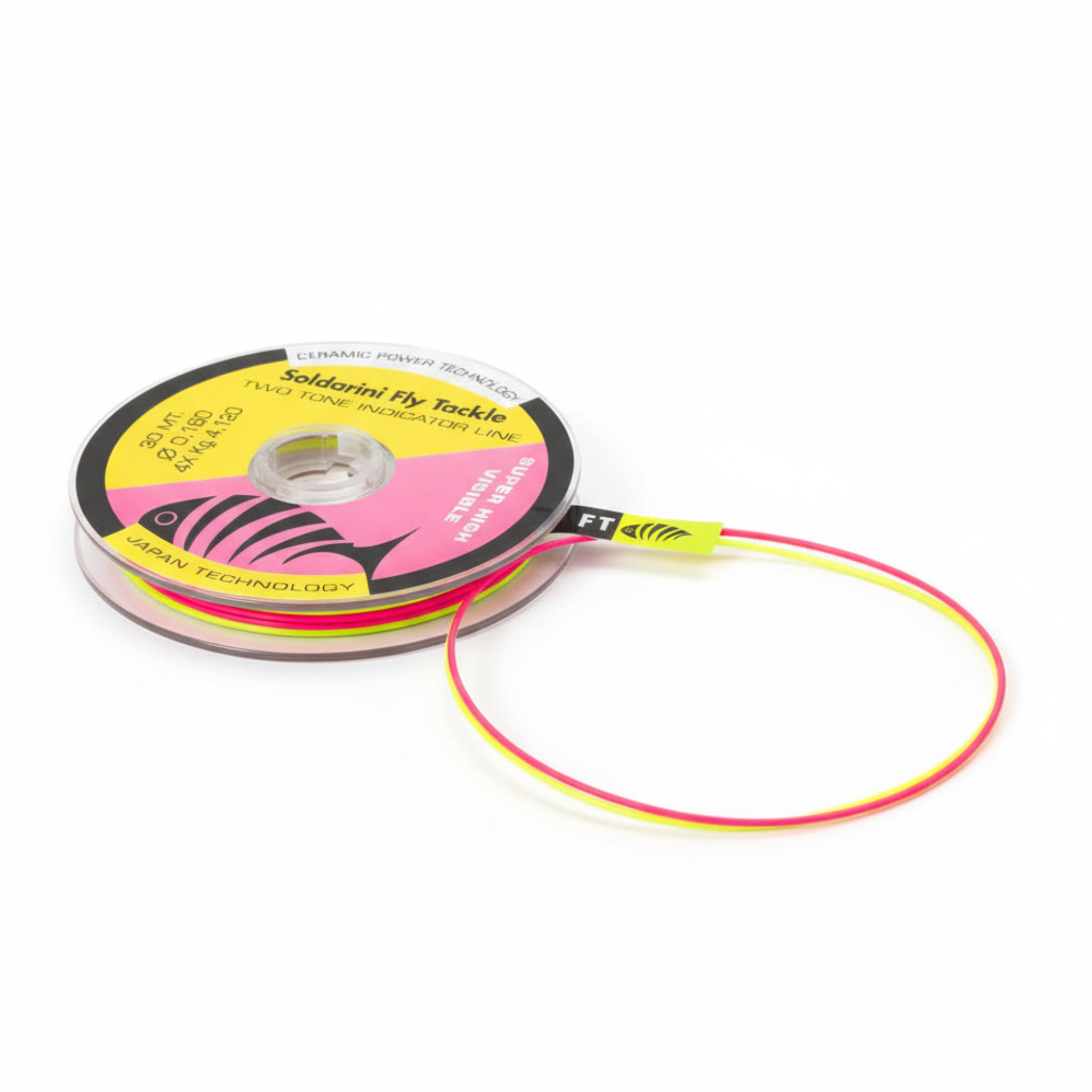 Soldarini Two Tone Indicator Line – spool detail showing the two-tone line (yellow and pink)