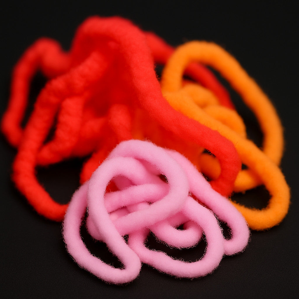 Soldarini Egg’s Chenille 5 mm – farebné varianty Marshmallow, Egg Orange a Fluo Red zobrazené spoločne na čiernom pozadí.