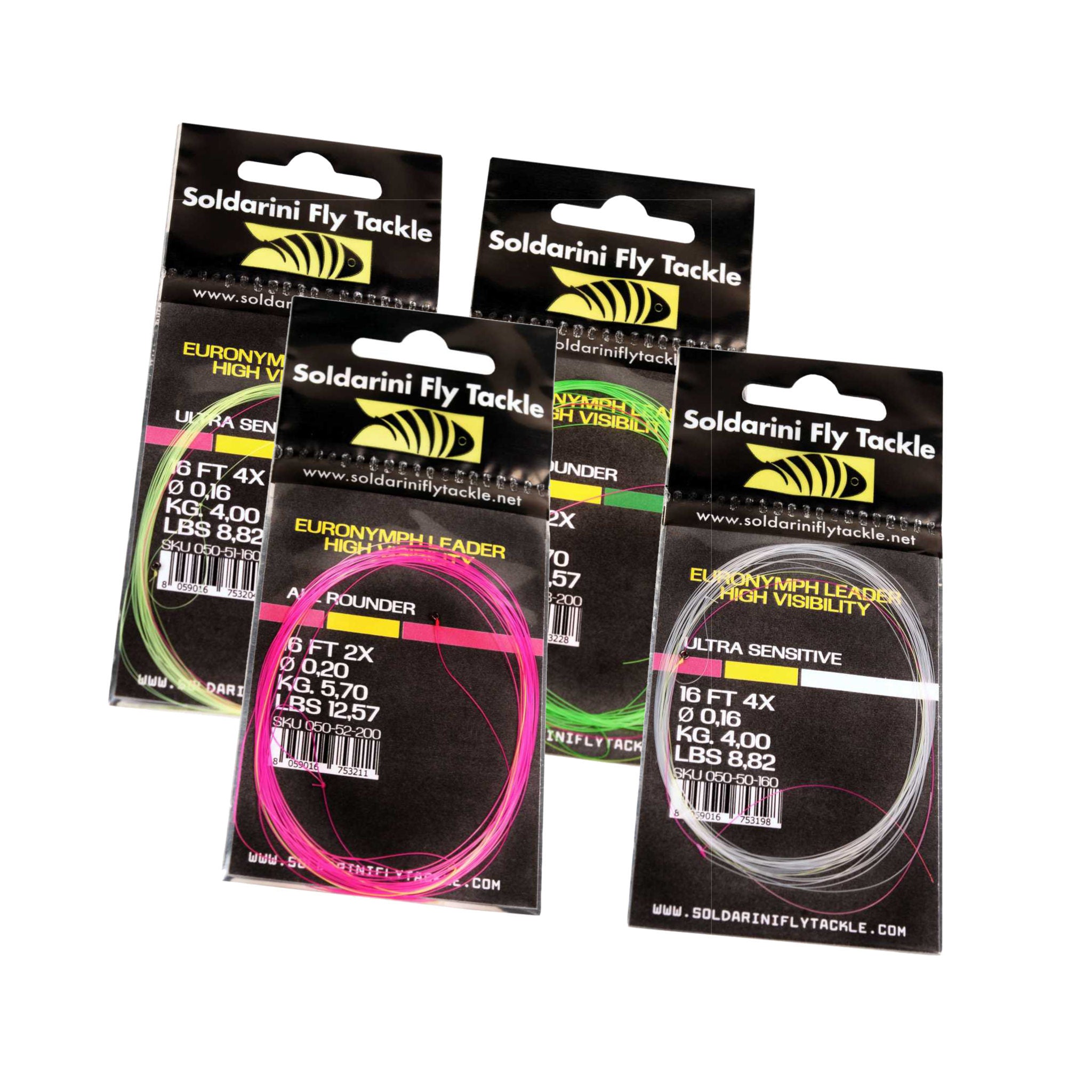 Soldarini Euronymph Leader H-V All Rounder – ujímaný leader 16 ft, fluo farby (ružová, chartreuse, biela, žltá)