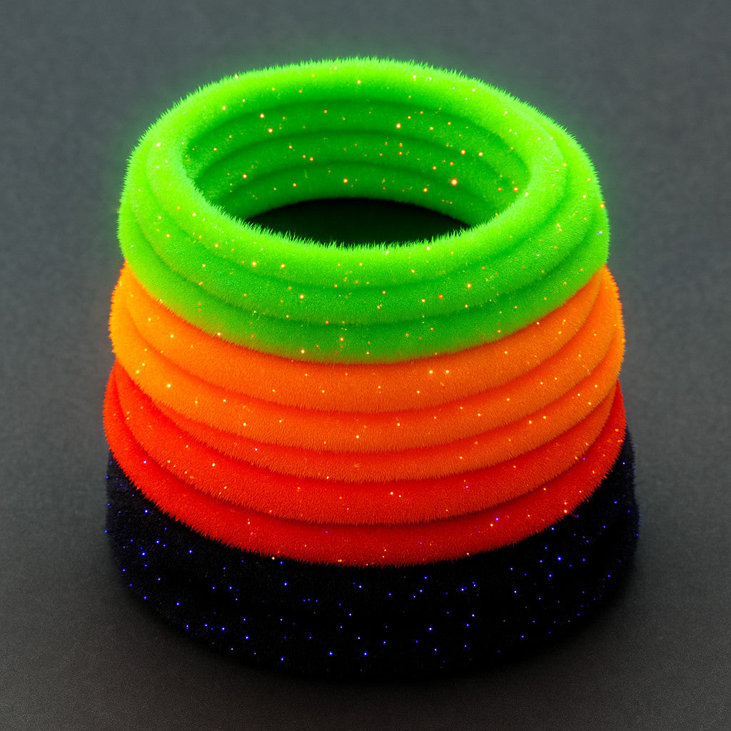 Stack of Soldarini Wormstasy Chenille UV fly-tying materials in vivid fluorescent colors on a dark studio background