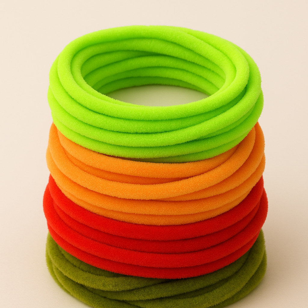 Stack of Soldarini Wormstasy Chenille fly-tying materials in vivid colors, coiled in layers on a light studio background