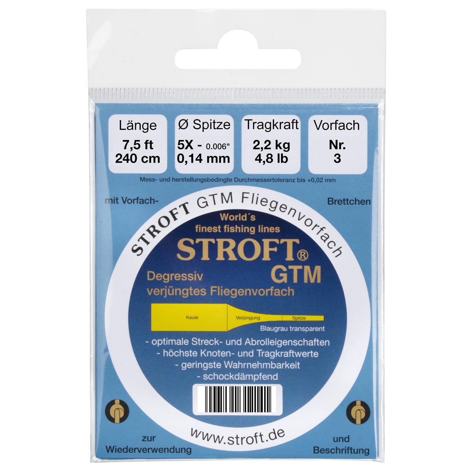 STROFT GTM tapered fly leader 240 cm 5X 0.14 mm No. 3 packaging