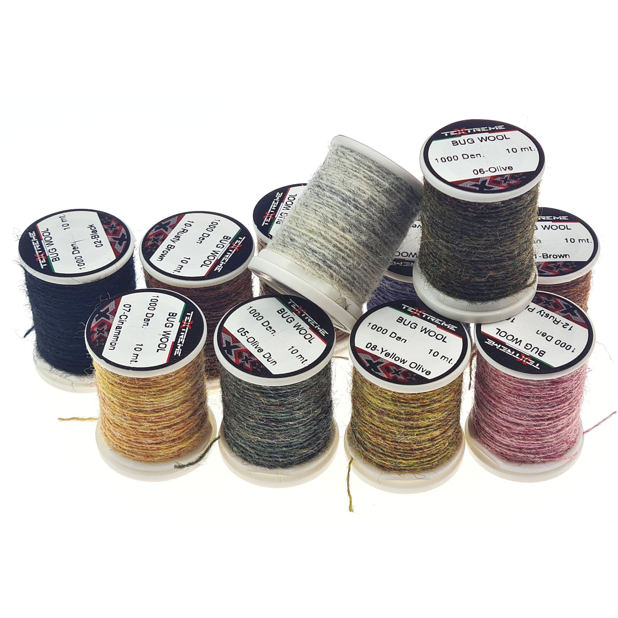 Textreme Bug Wool – celkový pohľad na cievky v rôznych farbách, vlnená niť na viazanie mušiek