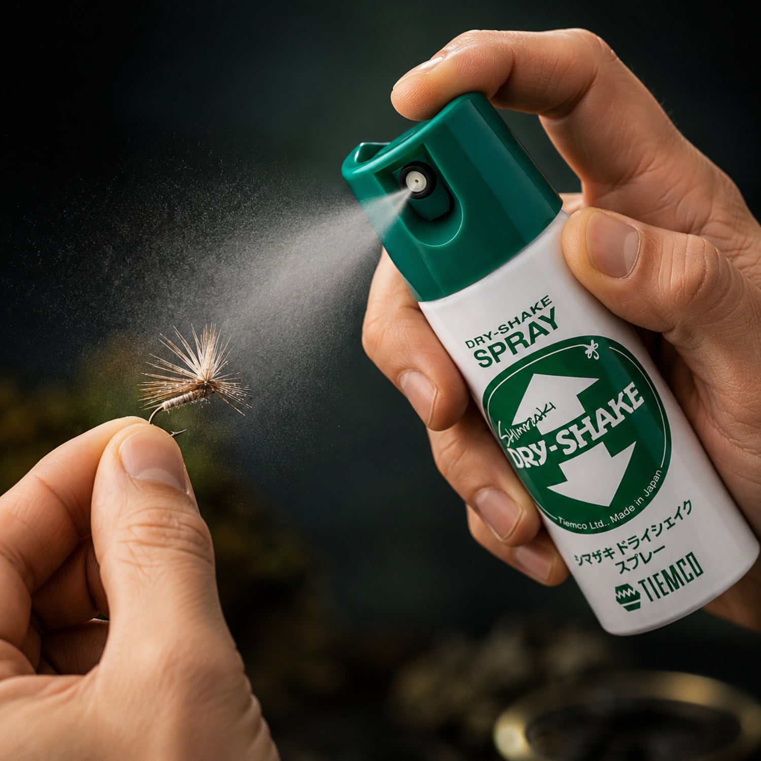 Applying Tiemco Shimazaki Dry-Shake Spray to a dry fly