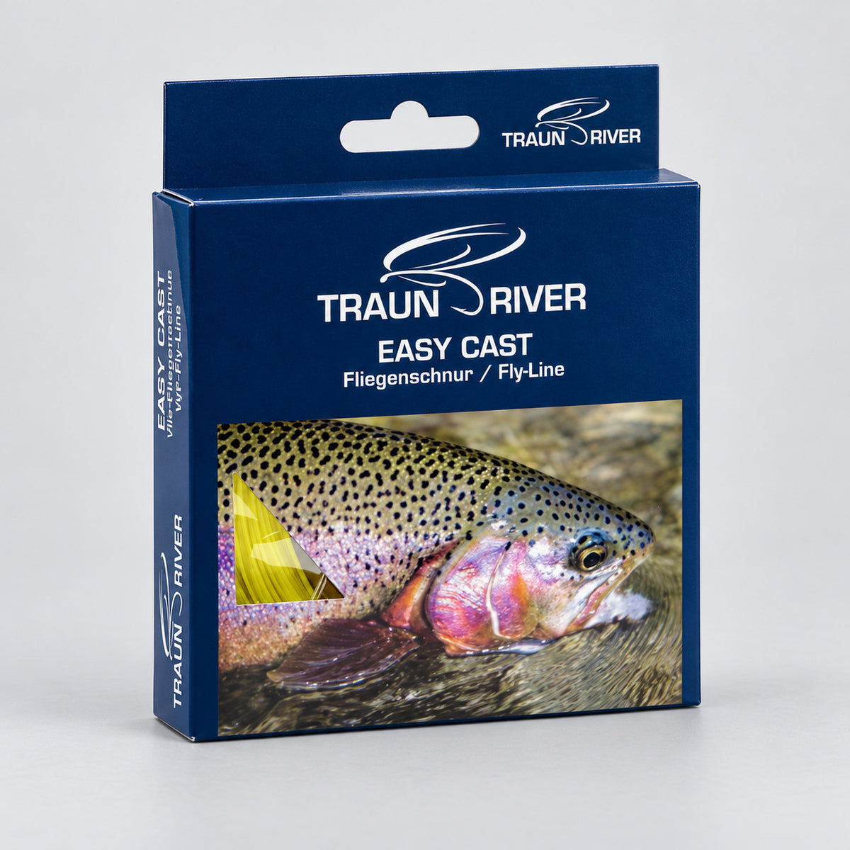 TRAUN RIVER Easy Cast Floating Fly Line original blue retail box with rainbow trout, front view