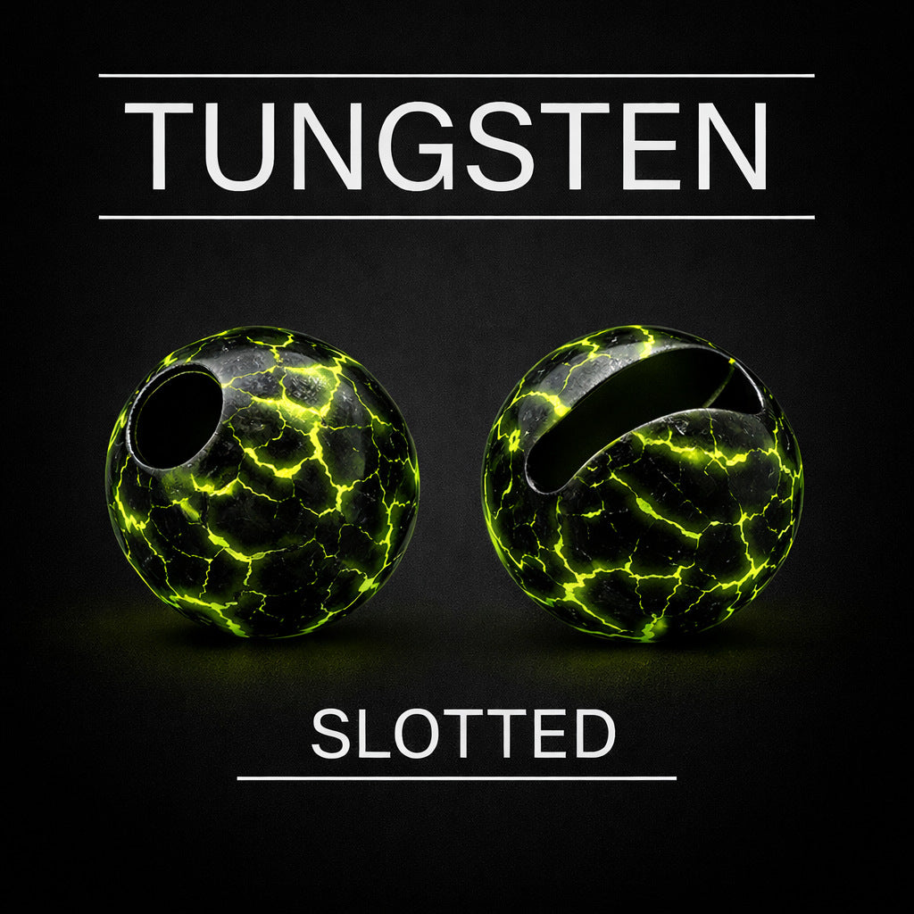 Tungsten slotted korálka Marbre Black / UV Fluo Yellow s prasklinovým vzorom
