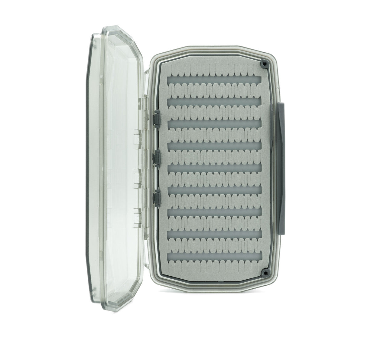 Waterproof fly box Umpqua WP Essential Large – Olive, open front view.