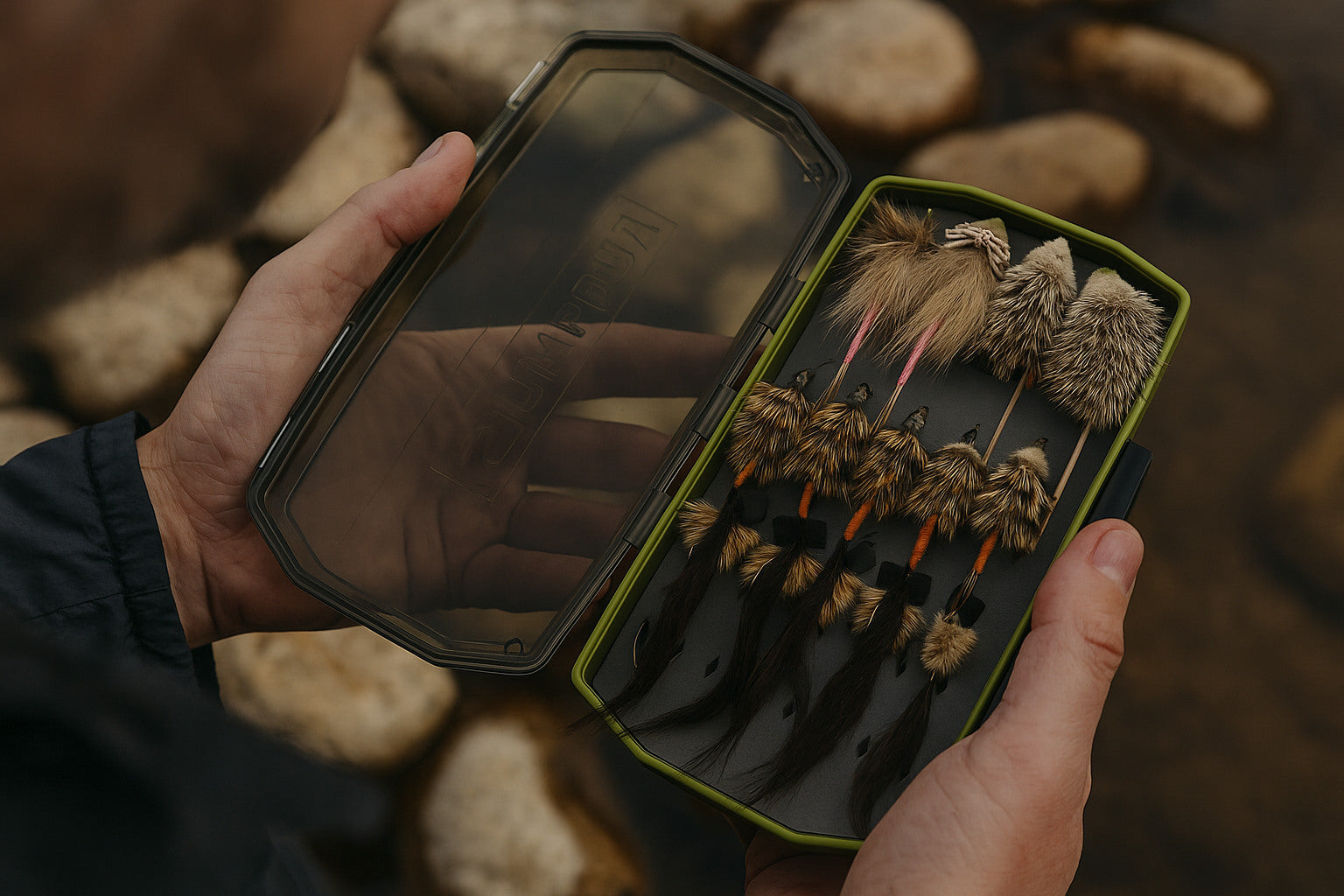 Detailná fotografia muškárskych krabíc s umelými muškami na viazanie, ideálna pre skladovanie a organizáciu mušiek pri muškárení.