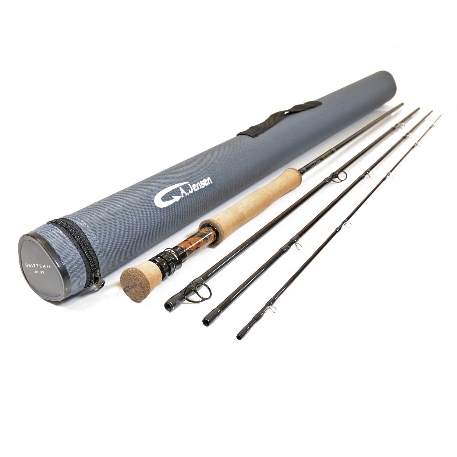 A.Jensen Drifter II 10’ #7 fly rod shown from an angled perspective with rod tube
