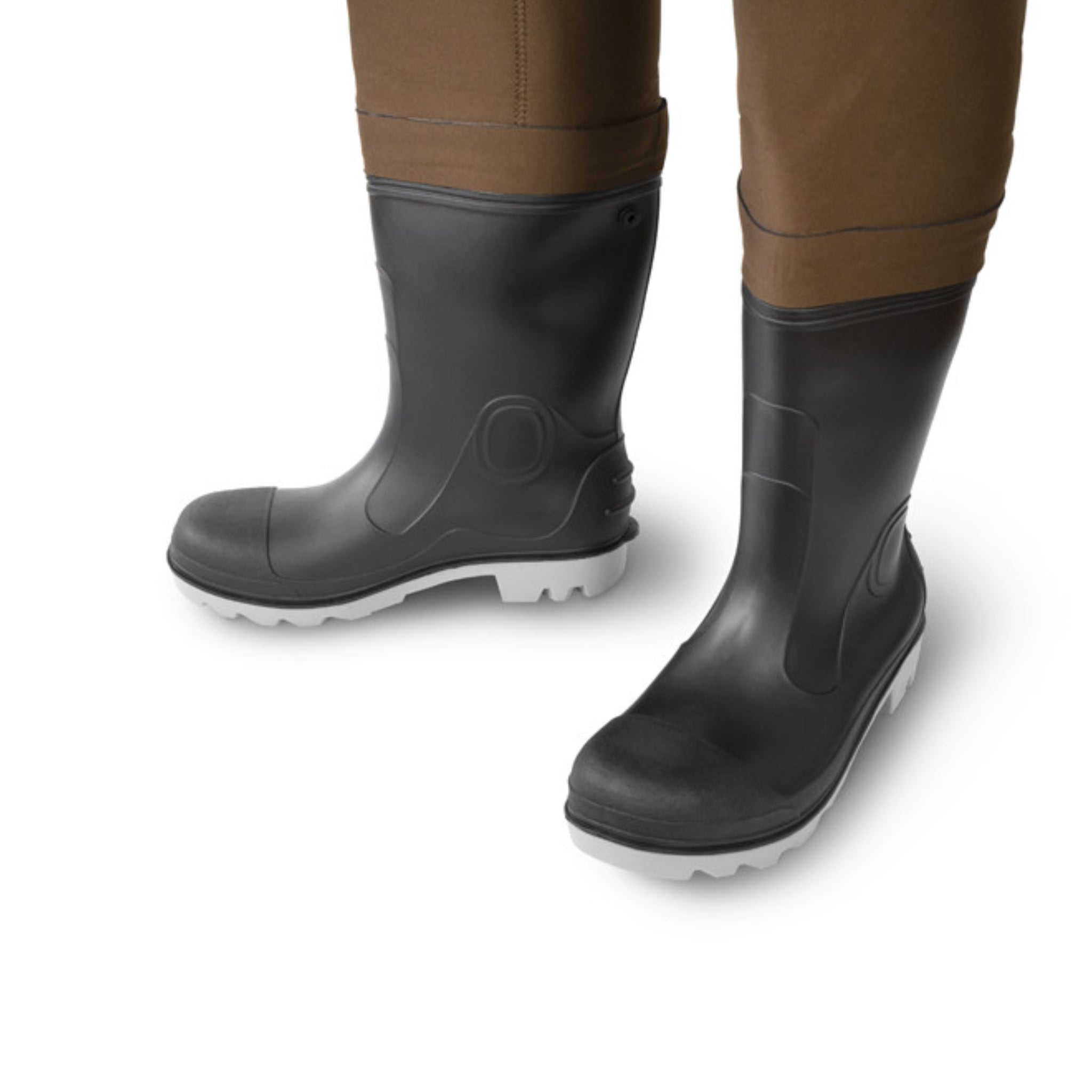 Delphin ORAVA – pair of integrated rubber boots on neoprene waders, front detail