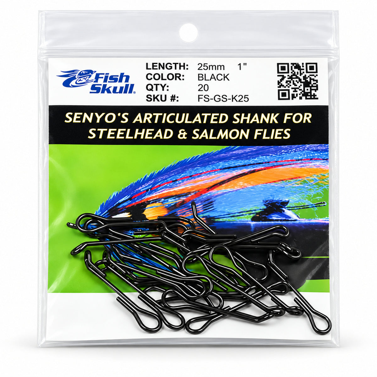 Fish-Skull Senyo's Articulated Shank 25 mm black, retail packaging containing 20 shanks, SKU FS-GS-K25