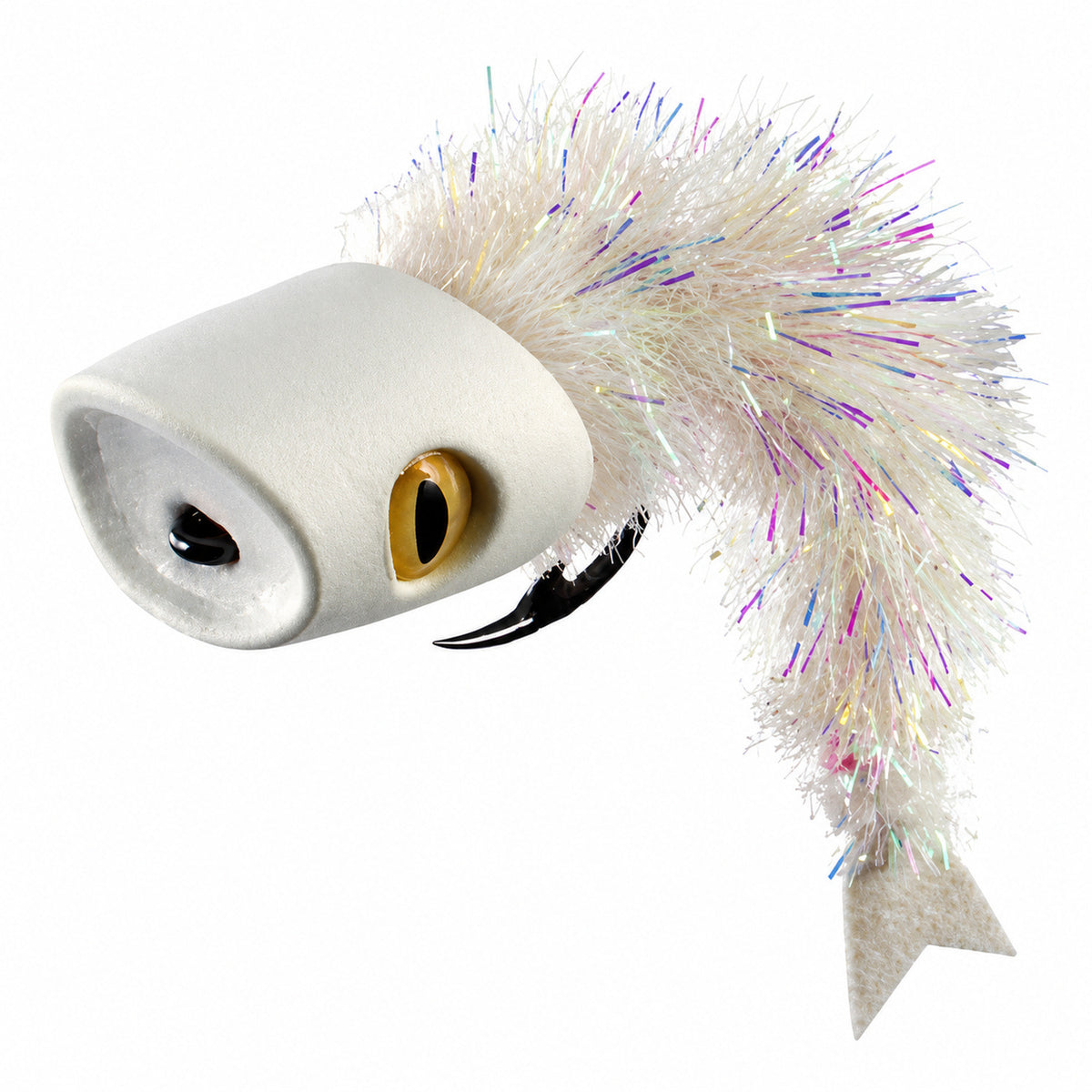 Example completed topwater popper fly using Howitzer white foam head, with separate eyes, hook and tying materials