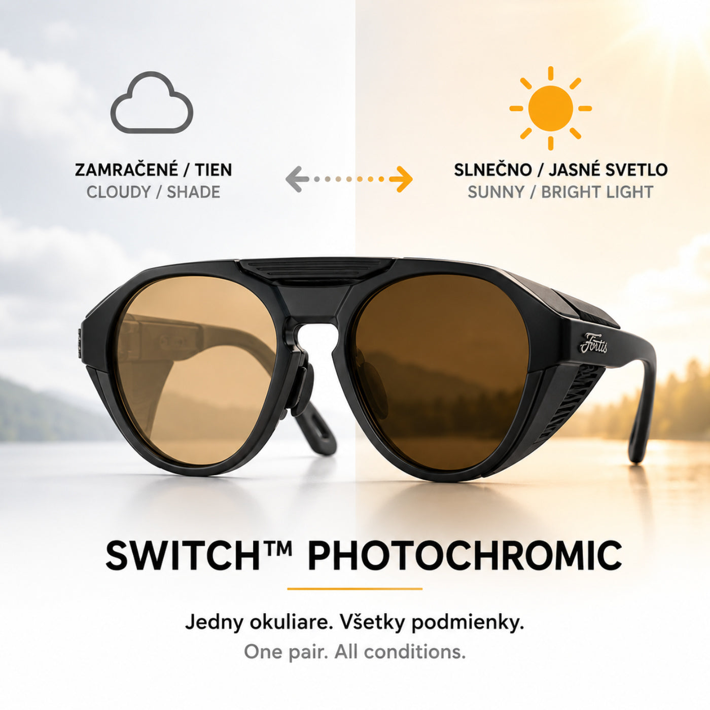 Fortis Isolators Round SWITCH photochromic lenses adapting to cloudy and sunny conditions