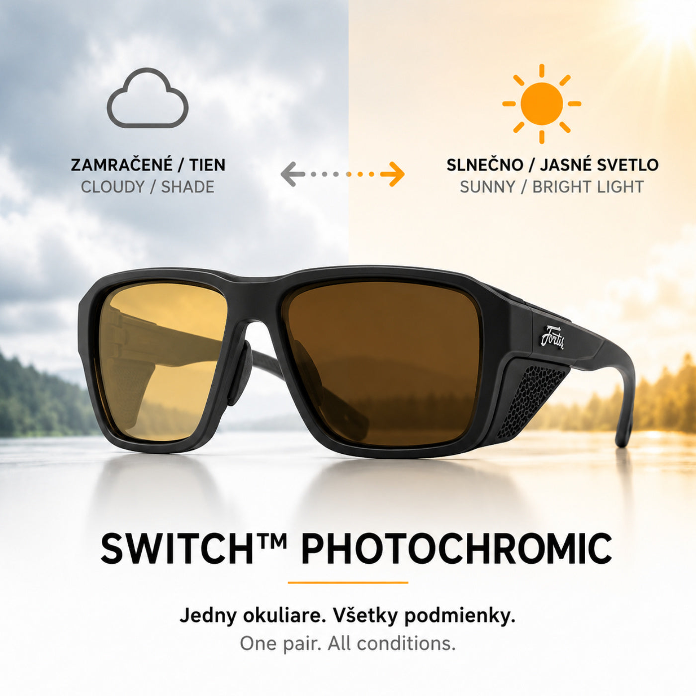 Fortis Isolators Square sunglasses with SWITCH™ photochromic lenses adapting from cloudy to sunny conditions