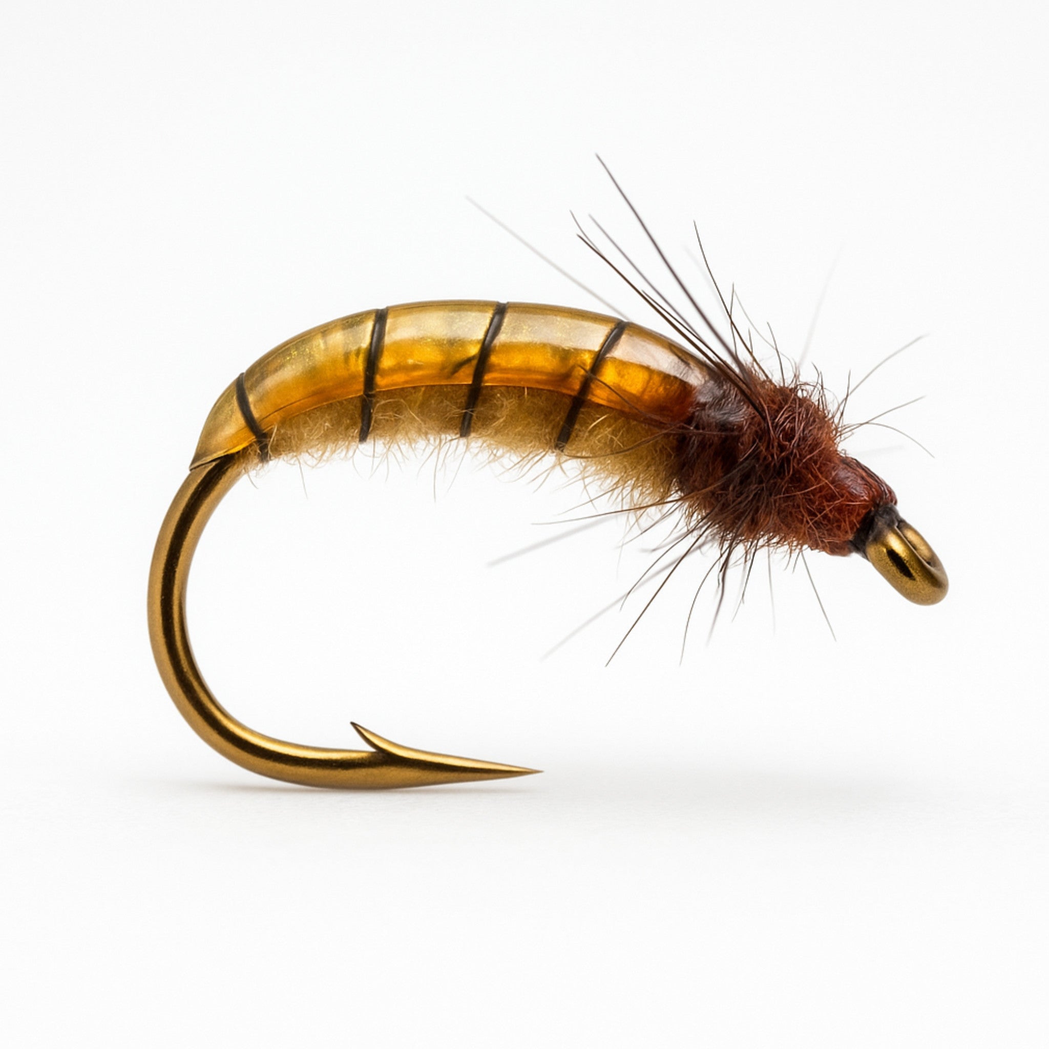 Gamakatsu C12 Scud bronze hook with tied scud fly pattern