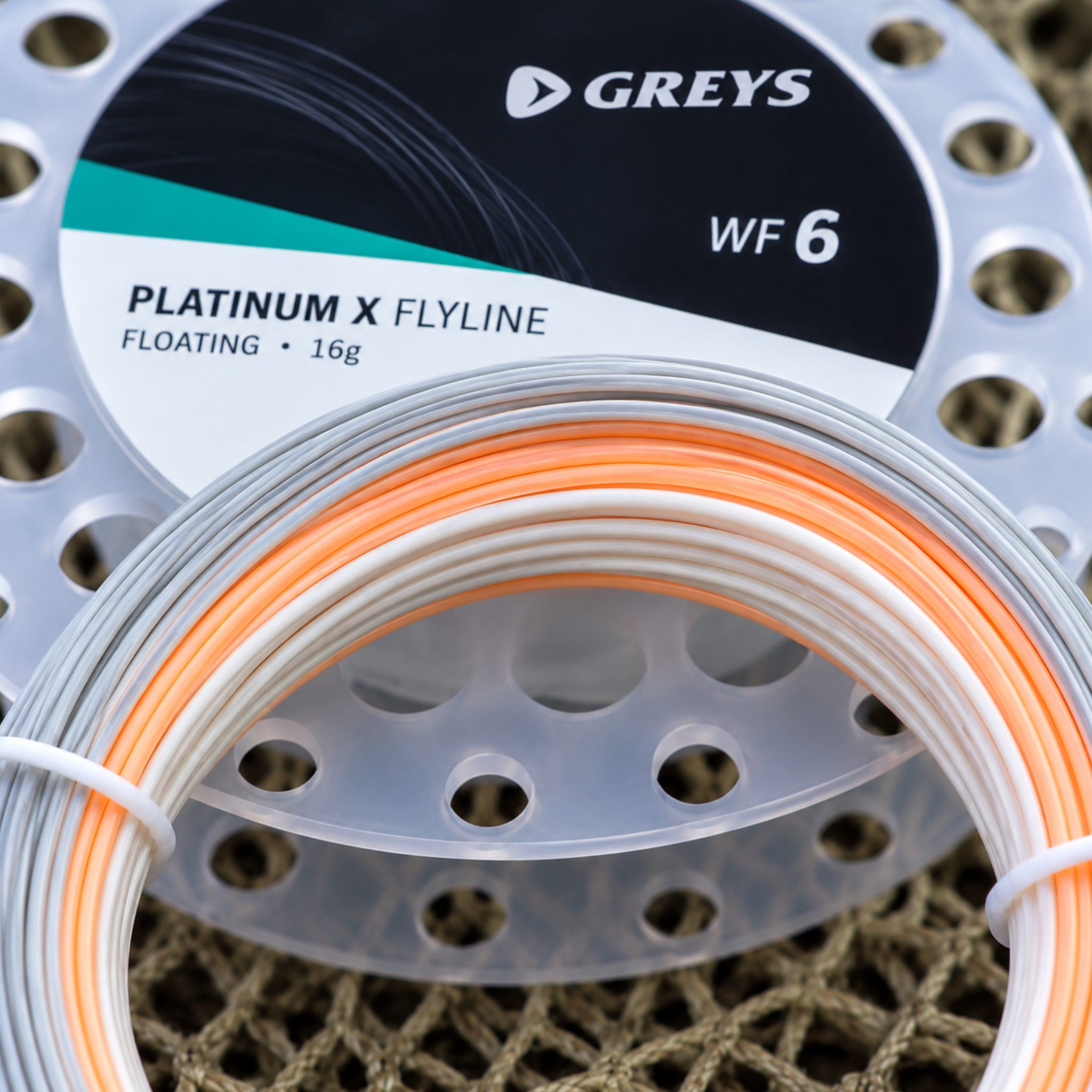 Greys Platinum X fly line showing grey tip, salmon orange head and white running line