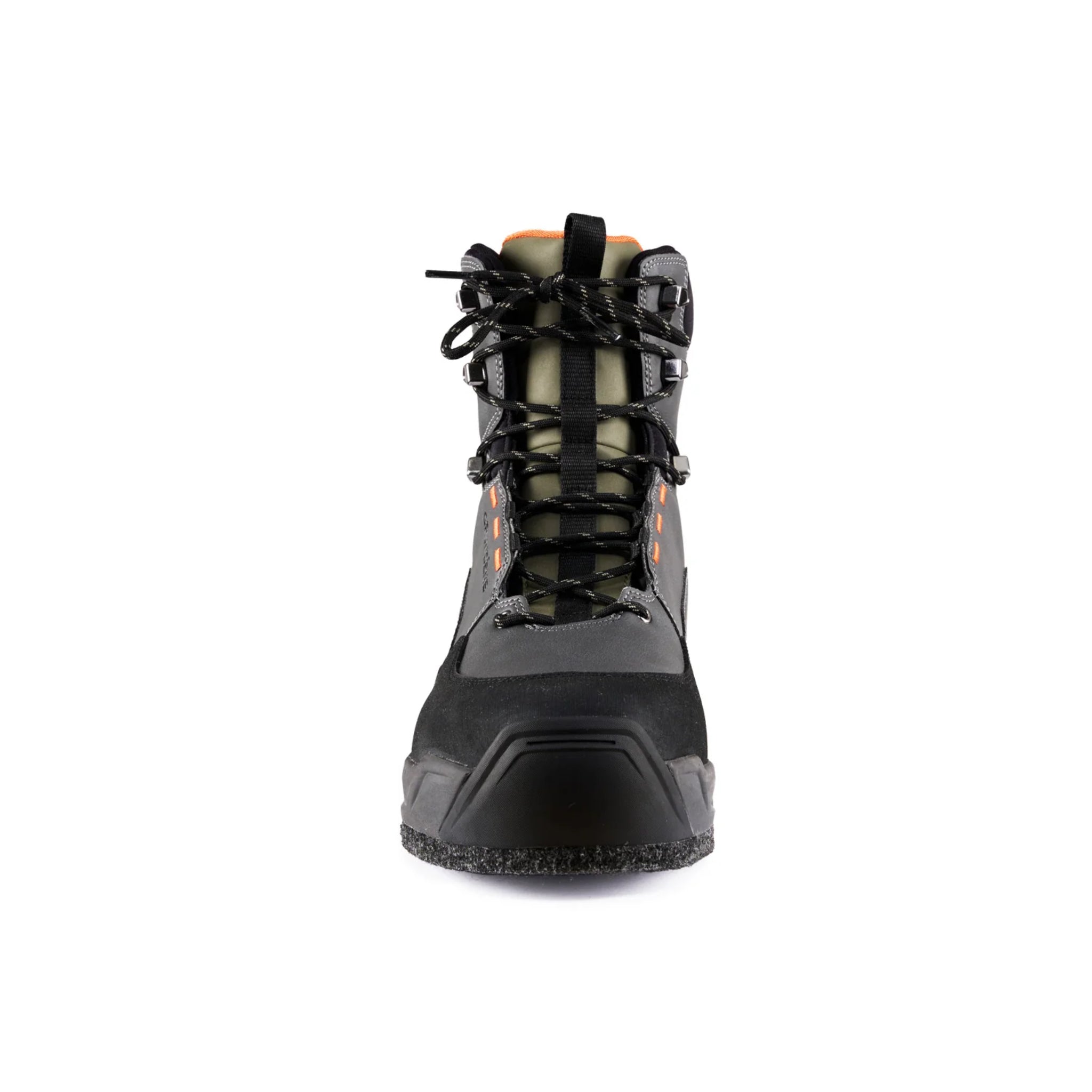Front view of dark grey Grundens Boundary wading boots with felt sole.