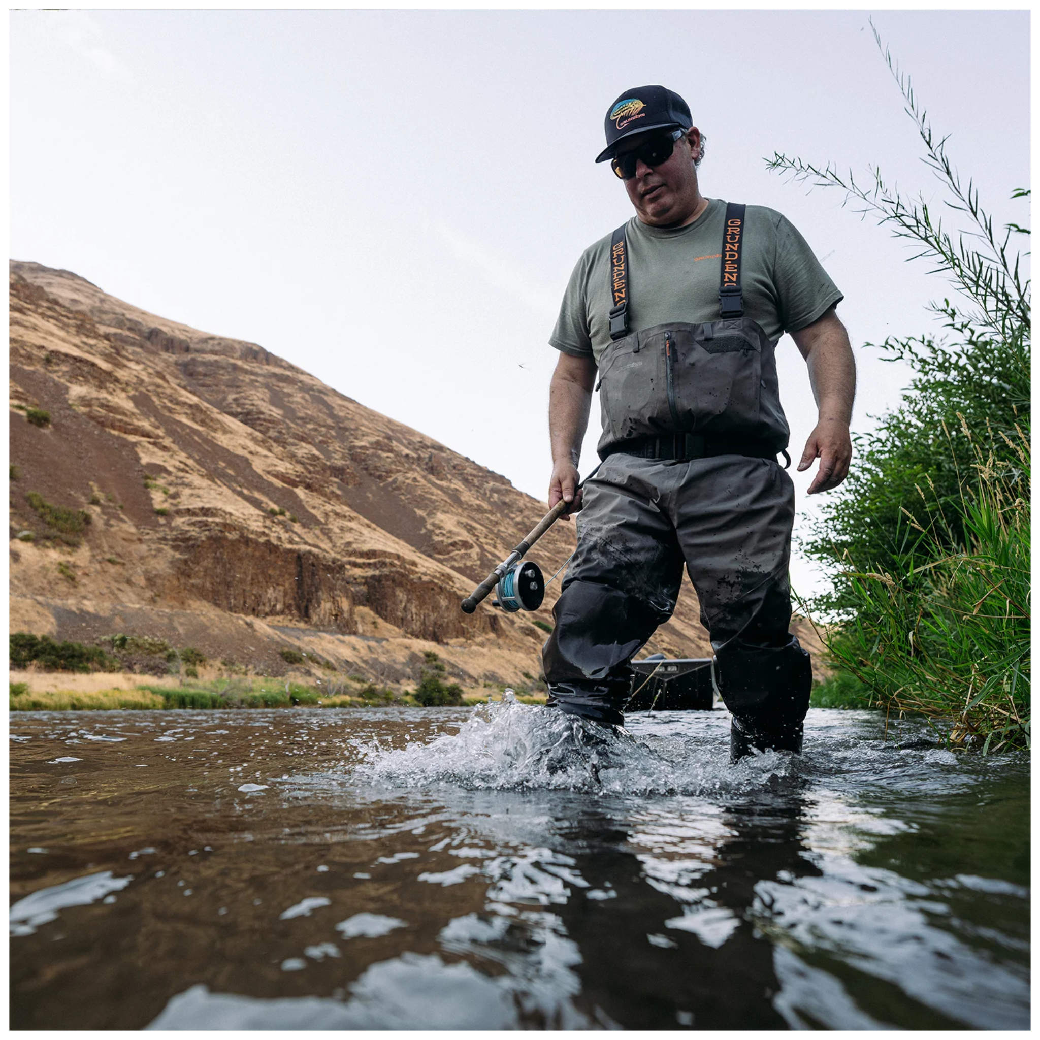 Grundens Vector Wader in action – wading in a stream