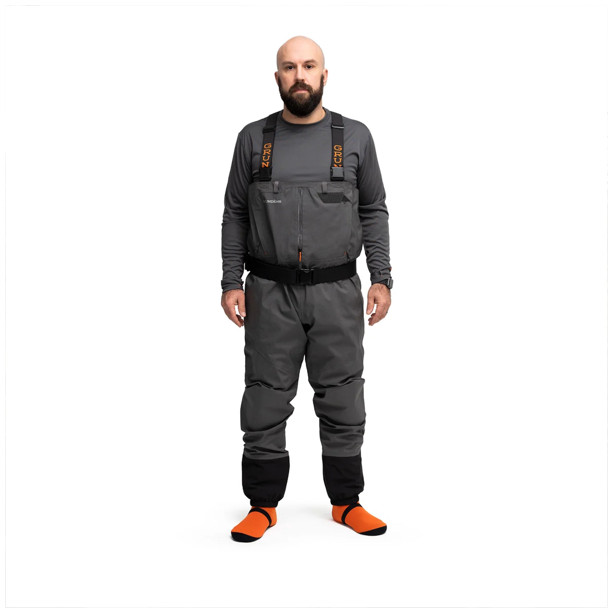 Grundens Vector Wader worn by model – front view