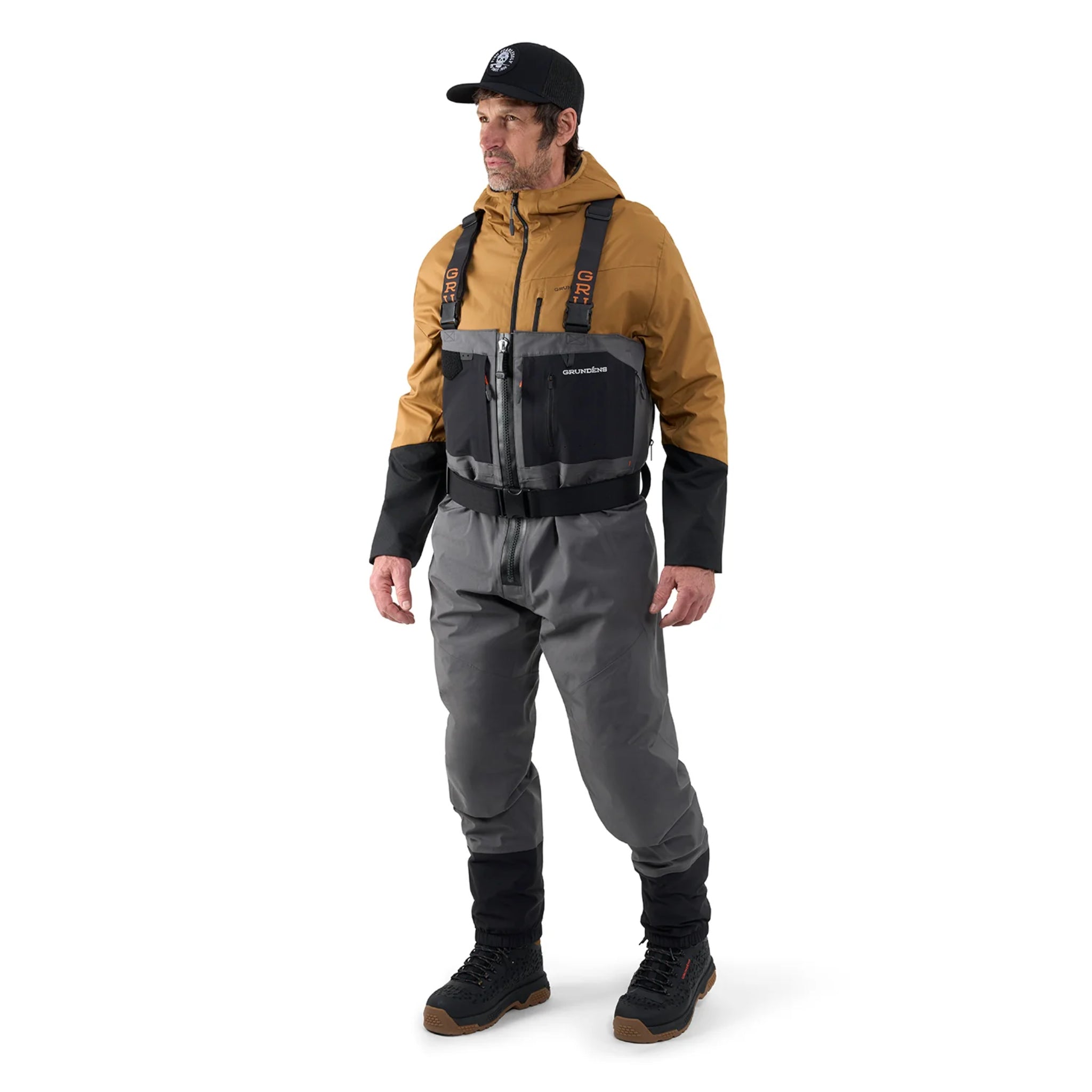 Side view of Grundéns Vector Zip Wader during fishing action