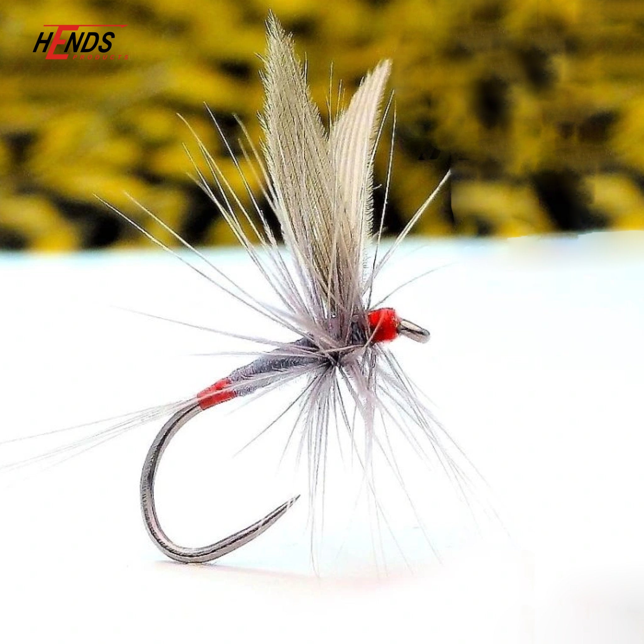 Hends BL454 barbless dry fly hook with tied mayfly pattern (steel blue dun)