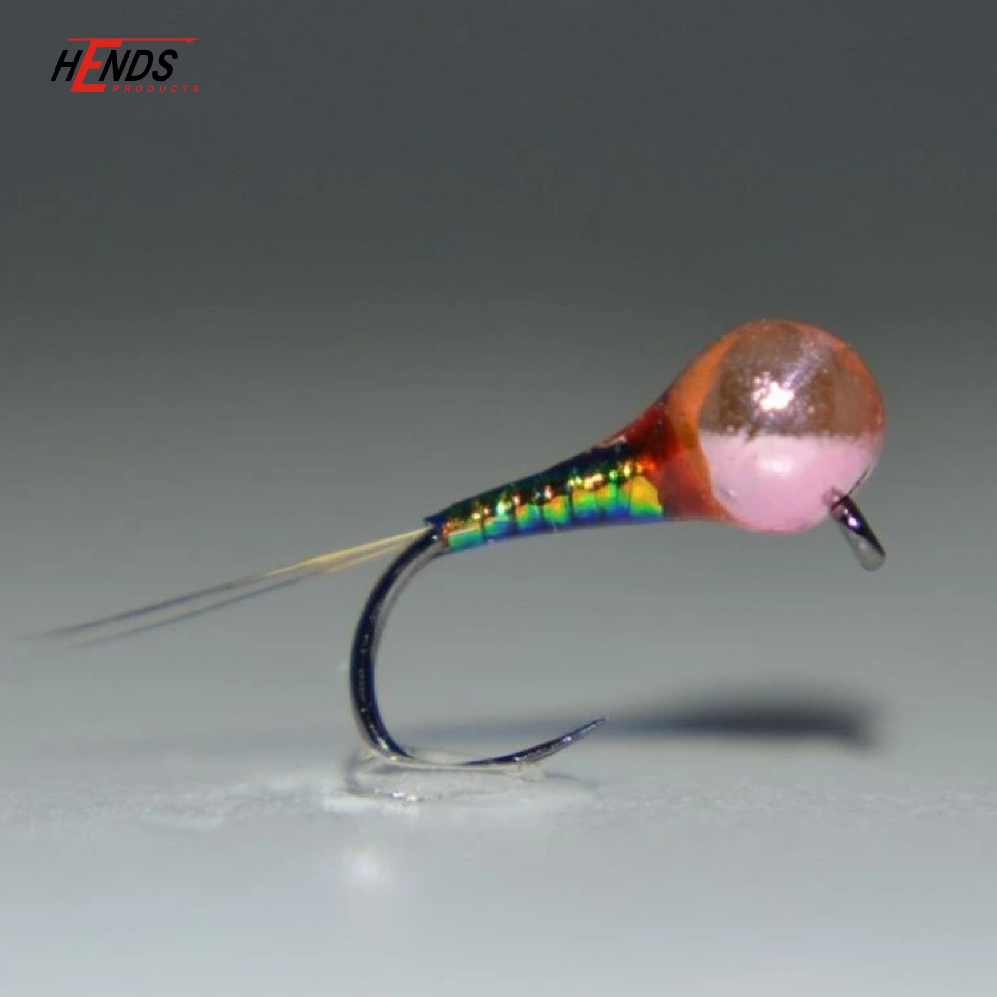 Hends BL164 barbless jig hook with tied nymph and orange tungsten bead.
