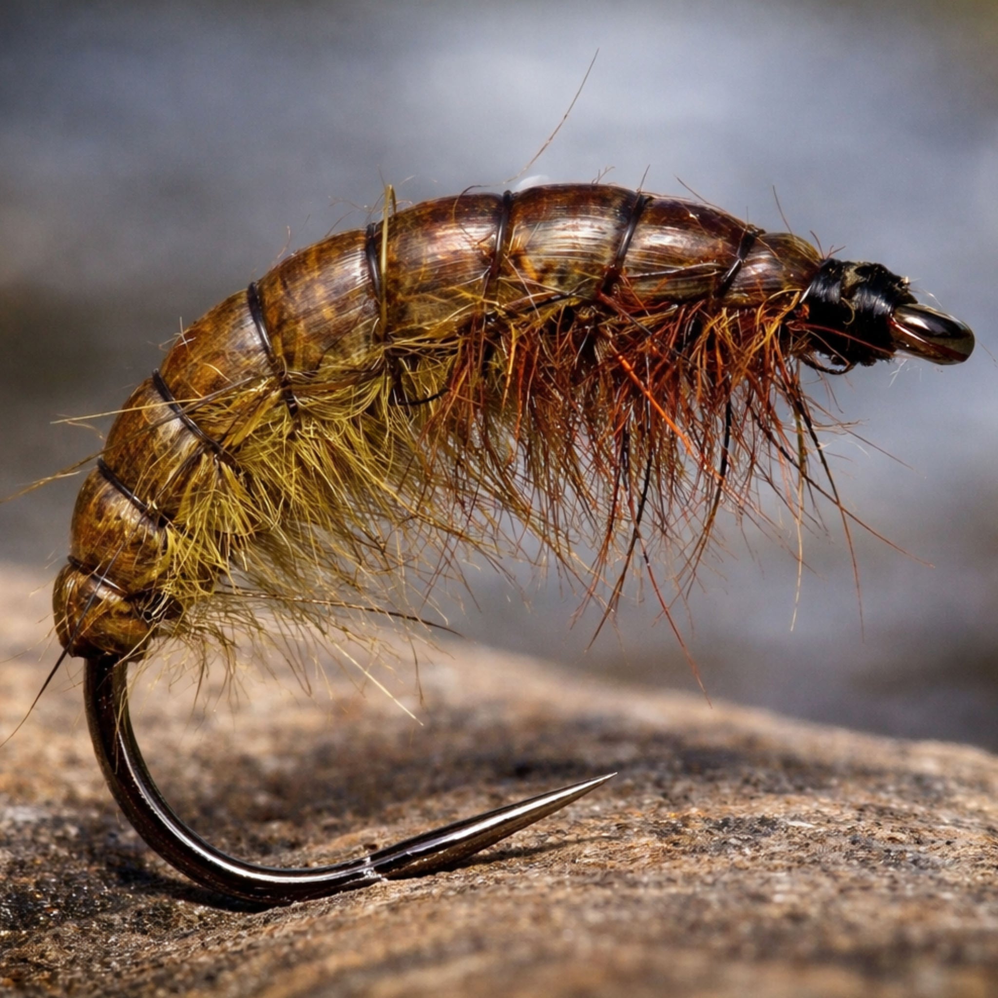 Caddis larva imitation fly tied on a Hends BL514 barbless scud hook