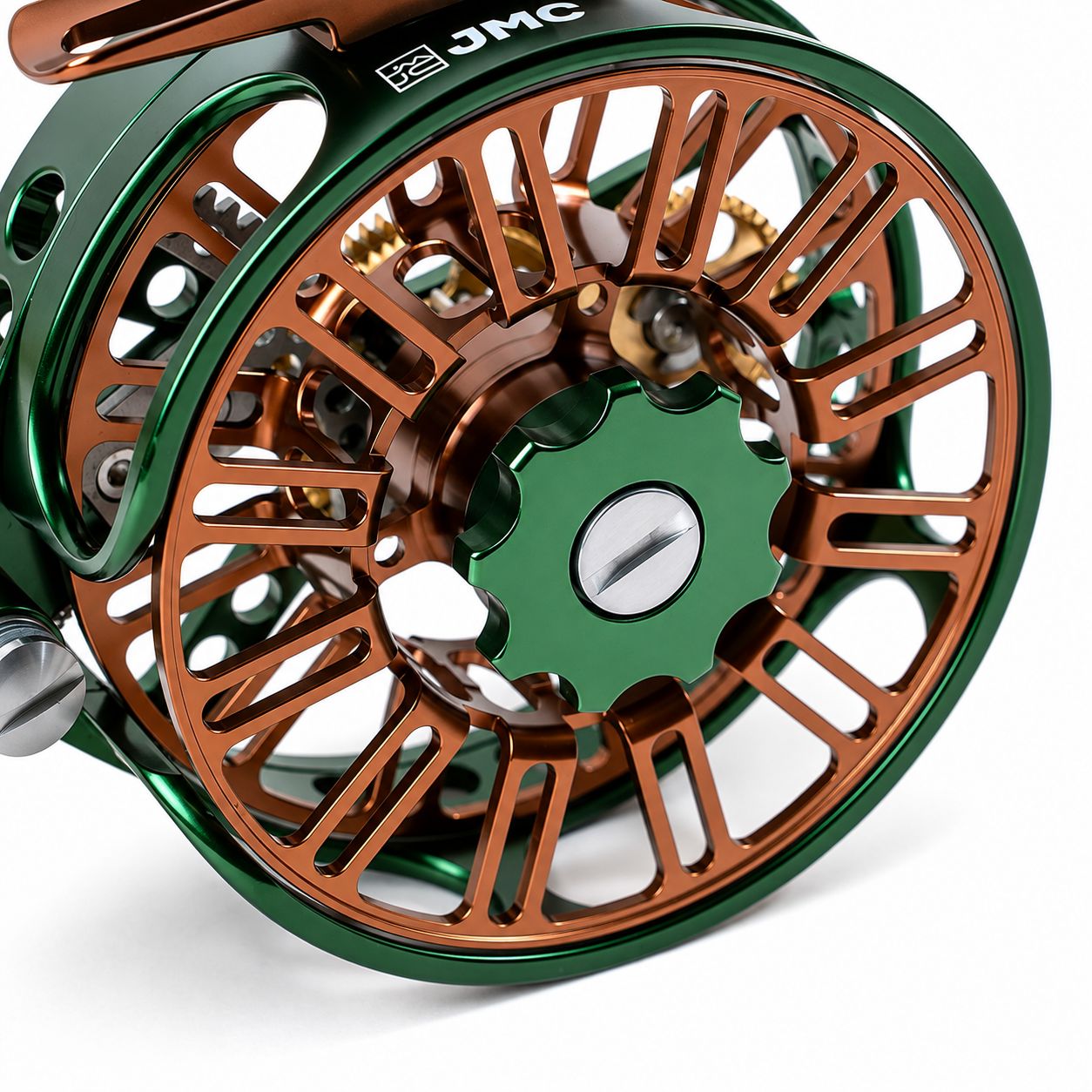 JMC Ozone Racing Green 36 semi-automatic fly reel angled view