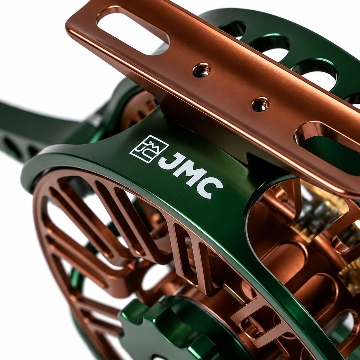 JMC Ozone Racing Green 36 fly reel JMC logo and frame detail