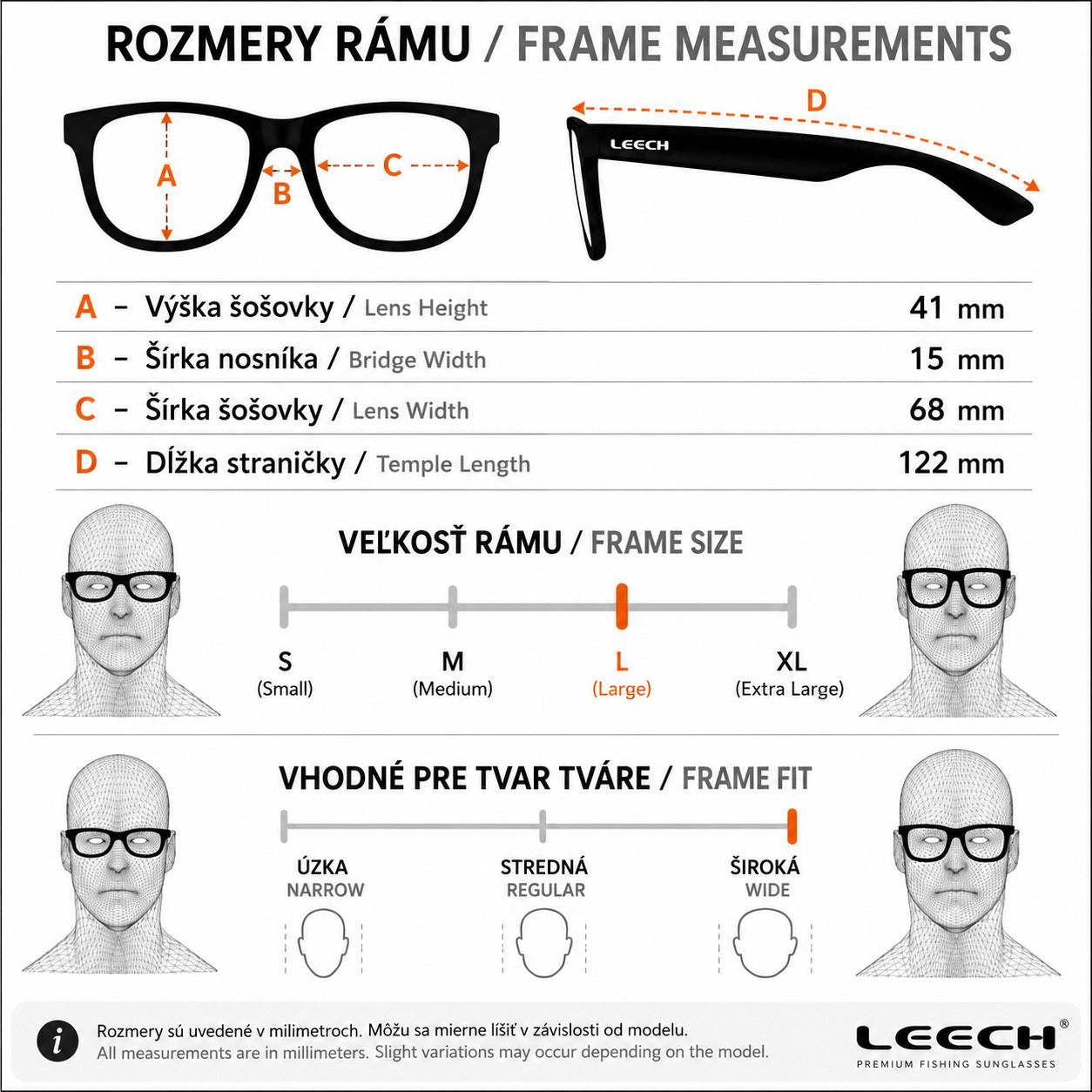 Leech ATW2 frame measurements and fit guide showing lens dimensions and face fit