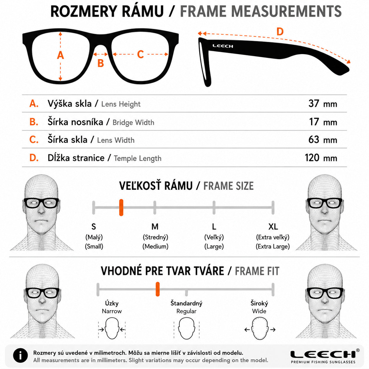 Rozmery rámu a odporúčaná veľkosť okuliarov Leech H4X.