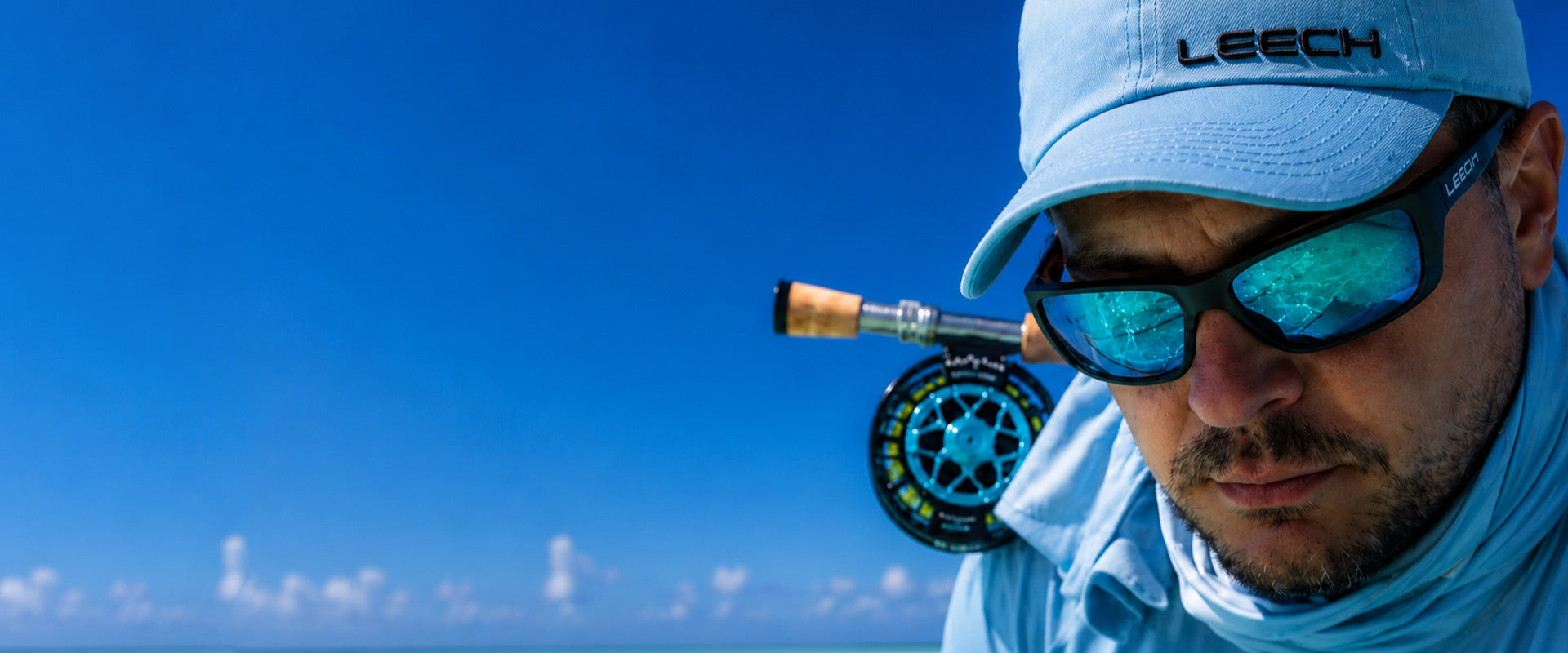 Leech Eyewear polarized fishing sunglasses used by an angler on tropical saltwater flats for improved underwater visibility and glare reduction.