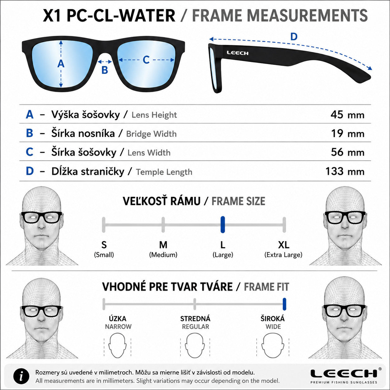 Leech X1 polarized fishing sunglasses frame measurements, size guide and frame fit information