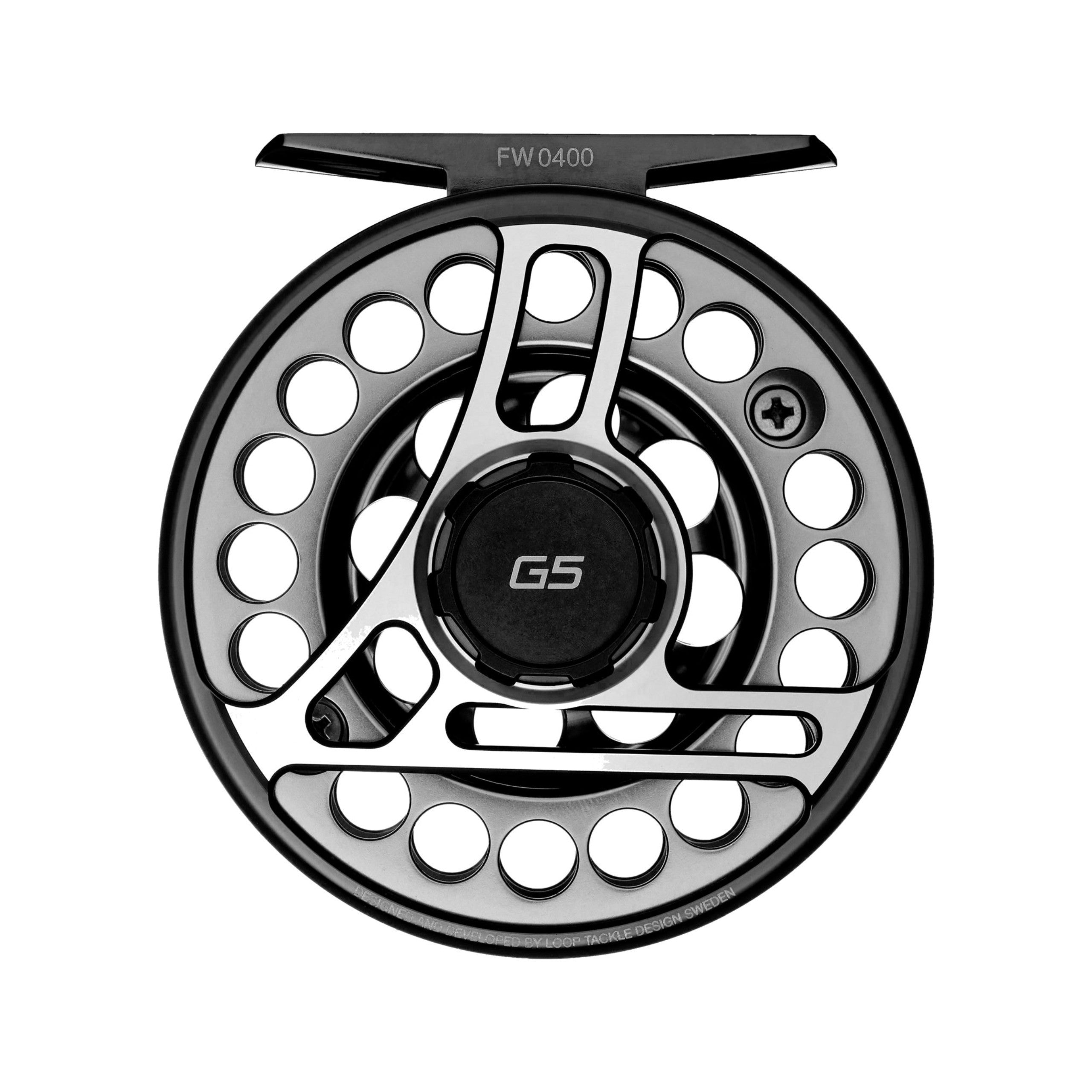 Front view of a LOOP Evotec G5 fly reel with large-arbor spool