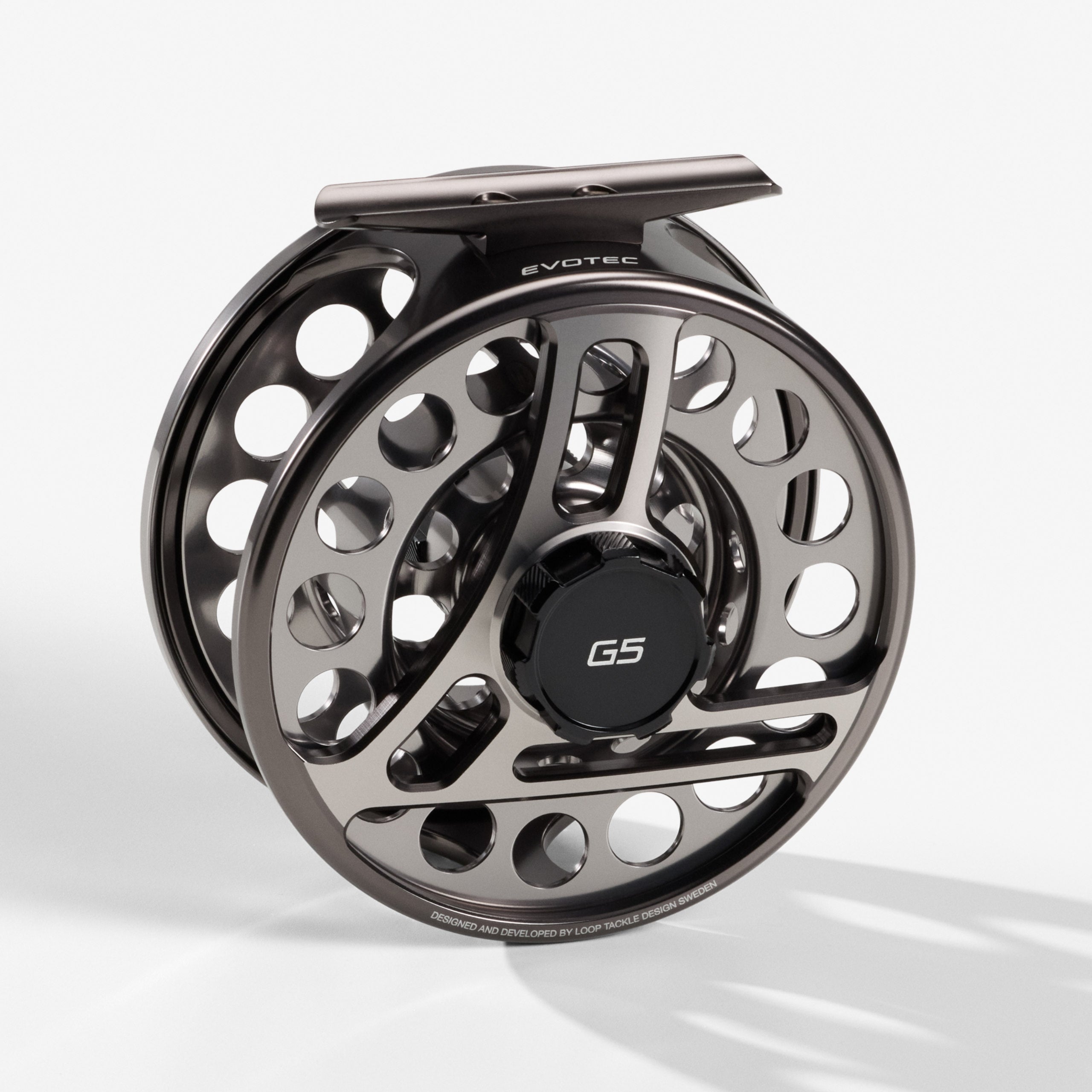 LOOP Evotec G5 fly reel in gunmetal finish shown at an angled product view