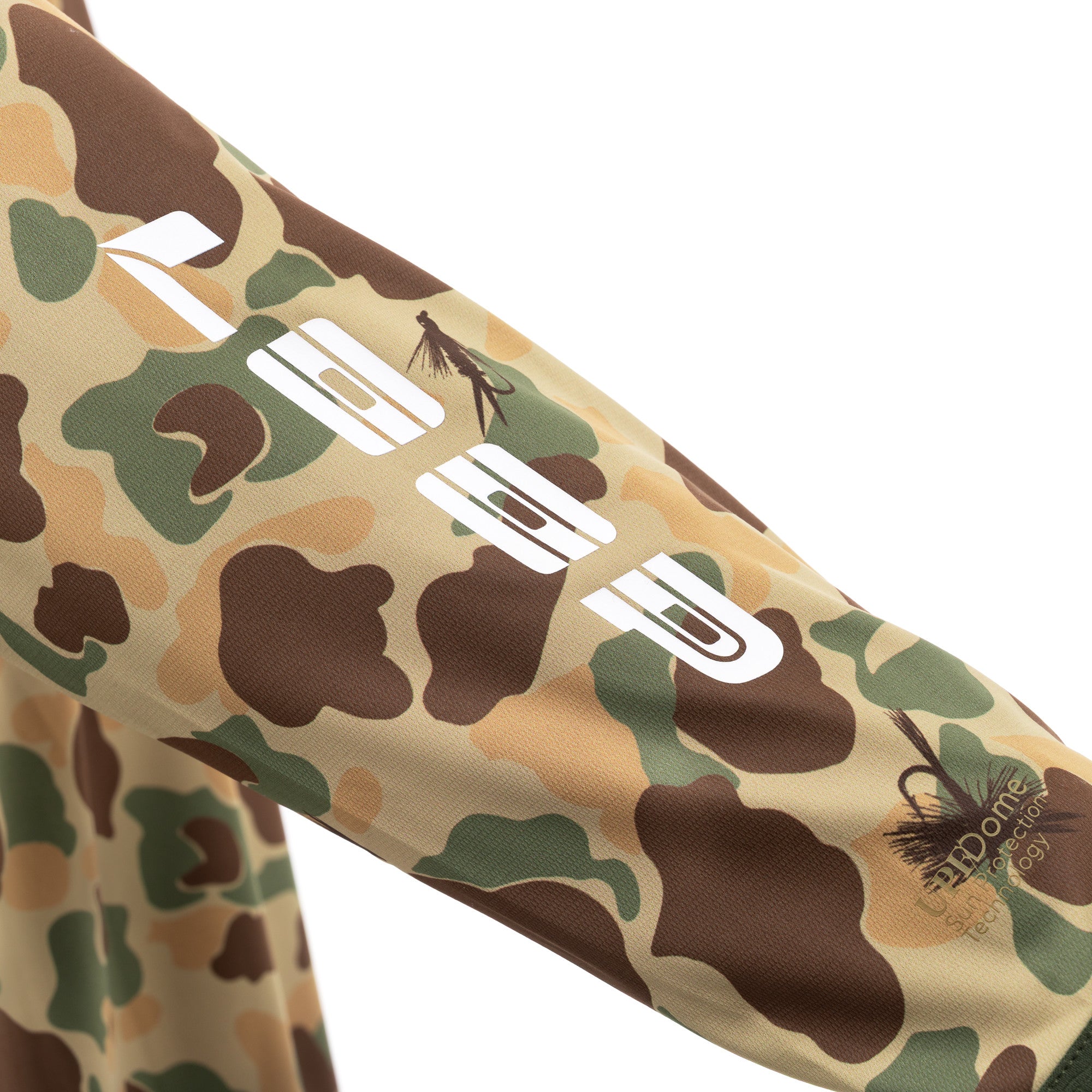 Close-up of the LOOP Flyt UPF-Dome Sun Hoodie sleeve with UPF Dome branding and camouflage pattern