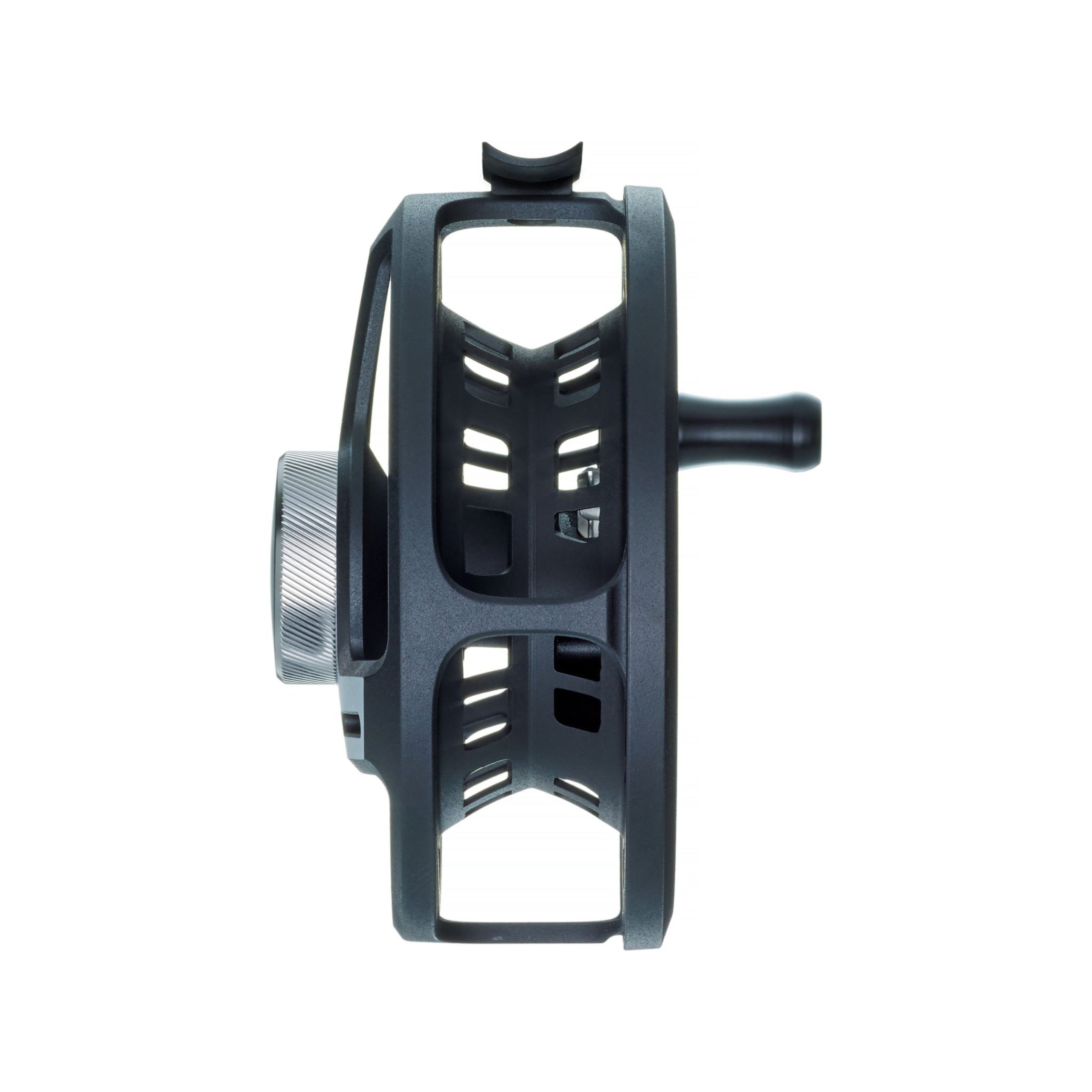 Side view of a LOOP Q Reel 4/6 fly reel showing spool width and drag knob