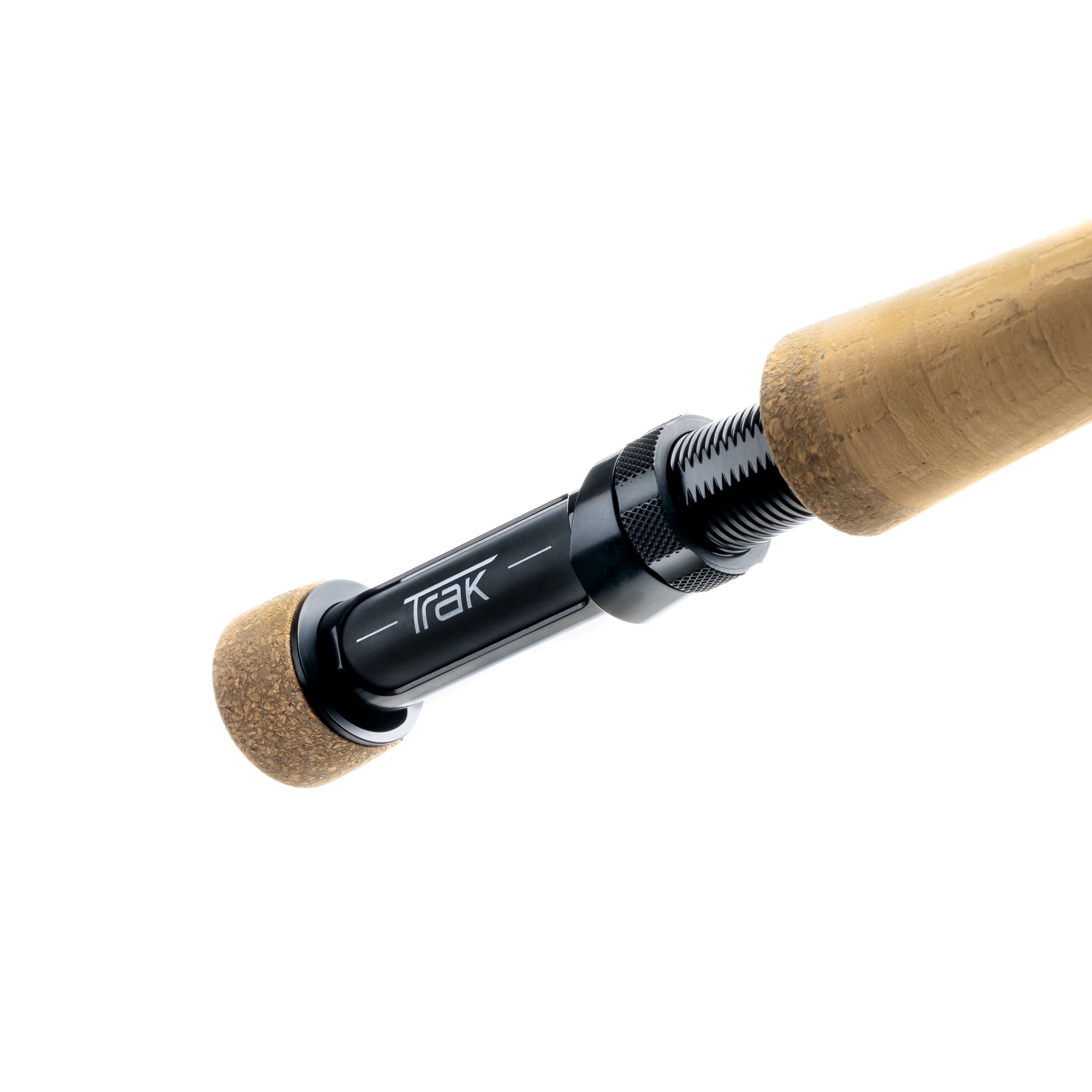 Close-up of the reel seat and cork handle on a LOOP Trak 10 ft 6 in #2/3 fly rod