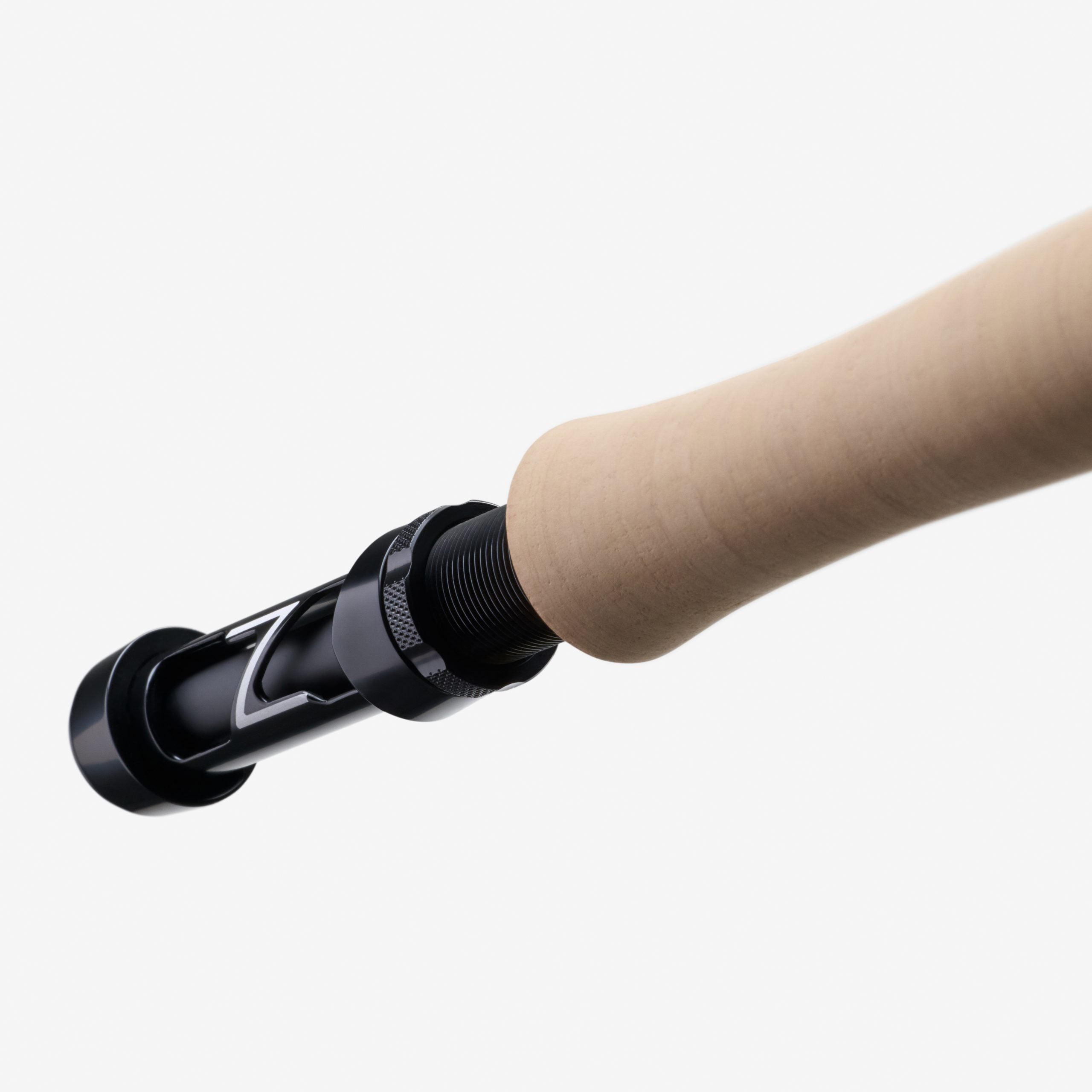 Close-up of the reel seat and cork handle on a LOOP Z1 10 ft 3 in #2 fly rod